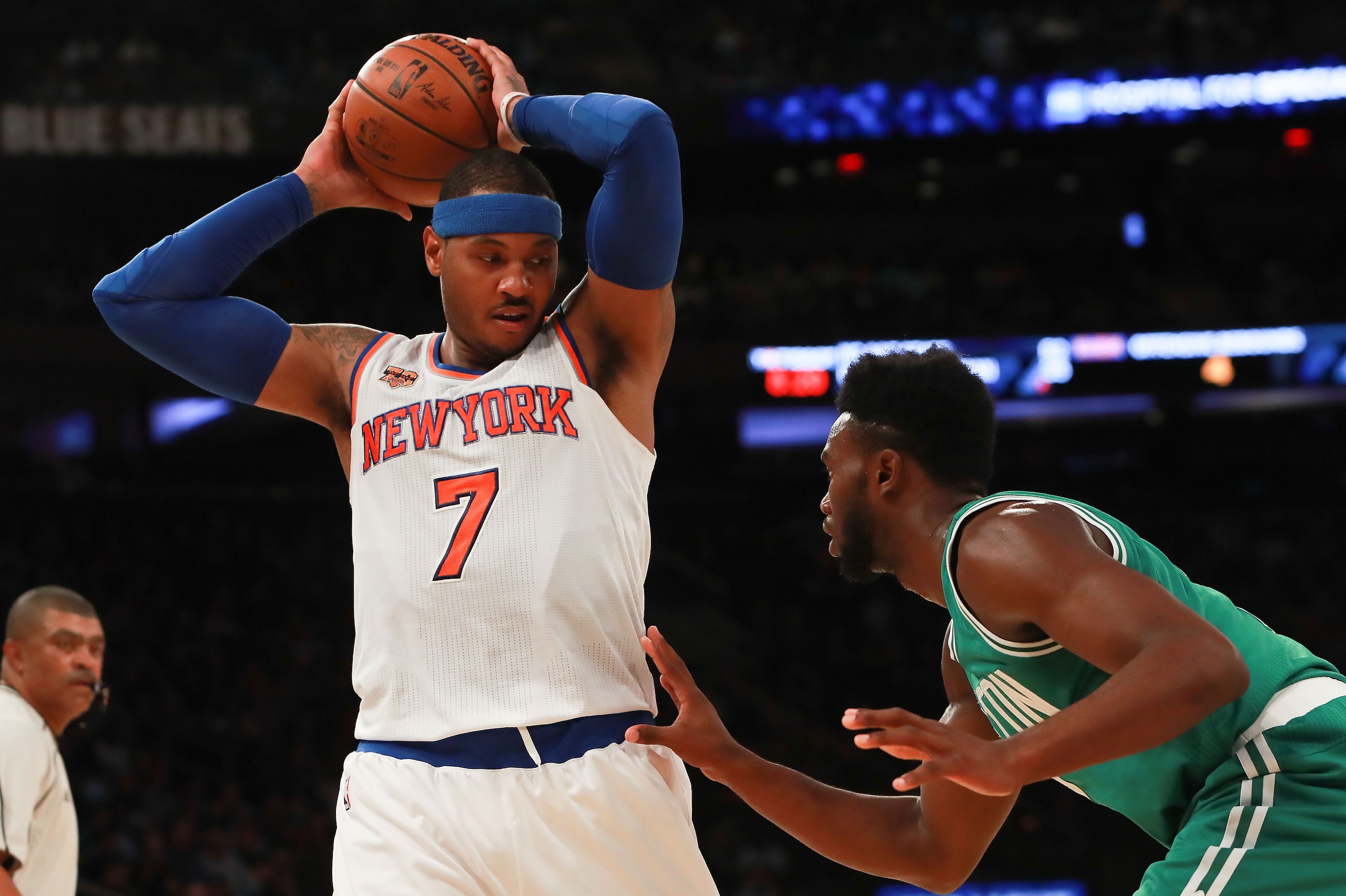 NEW YORK, NY - OCTOBER 15:  Carmelo Anthony #7 of the New York Knicks defended by Jaylen Brown #7 of the Boston Celtics during the first half of their preseason game at Madison Square Garden on October 15, 2016 in New York City. NOTE TO USER: User express