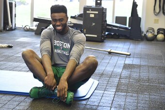 WALTHAM, MA - OCTOBER 11:  Jaylen Brown #7 of the Boston Celtics stretches during practice on October 11, 2016 at the Boston Celtics Training facility in Waltham, Massachusetts. NOTE TO USER: User expressly acknowledges and agrees that, by downloading and