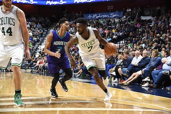 UNCASVILLE, CT - OCTOBER 8:  Jaylen Brown #7 of the Boston Celtics handles the ball against the Charlotte Hornets during a preseason game on October 8, 2016 at the Mohegan Sun Arena in Uncasville, Connecticut.  NOTE TO USER: User expressly acknowledges an