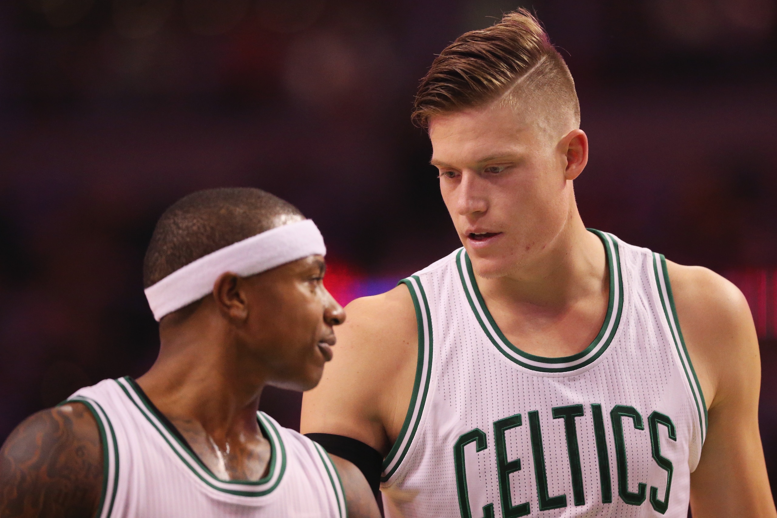 BOSTON, MA - OCTOBER 17:  Jonas Jerebko #8 of the Boston Celtics talks with Isaiah Thomas #4 during the second quarter of the preseason game against the Brooklyn Nets at TD Garden on October 17, 2016 in Boston, Massachusetts. NOTE TO USER: User expressly