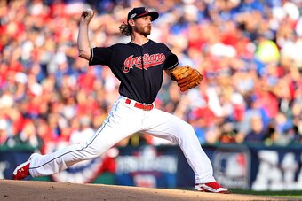 CLEVELAND, OH - OCTOBER 15:  Josh Tomlin #43 of the Cleveland Indians throws a pitch against the Toronto Blue Jays during game two of the American League Championship Series at Progressive Field on October 15, 2016 in Cleveland, Ohio.  (Photo by Maddie Me