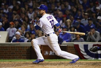 CHICAGO, IL - OCTOBER 15:  Ben Zobrist #18 of the Chicago Cubs hits a double in the eighth inning against the Los Angeles Dodgers during game one of the National League Championship Series at Wrigley Field on October 15, 2016 in Chicago, Illinois.  (Photo