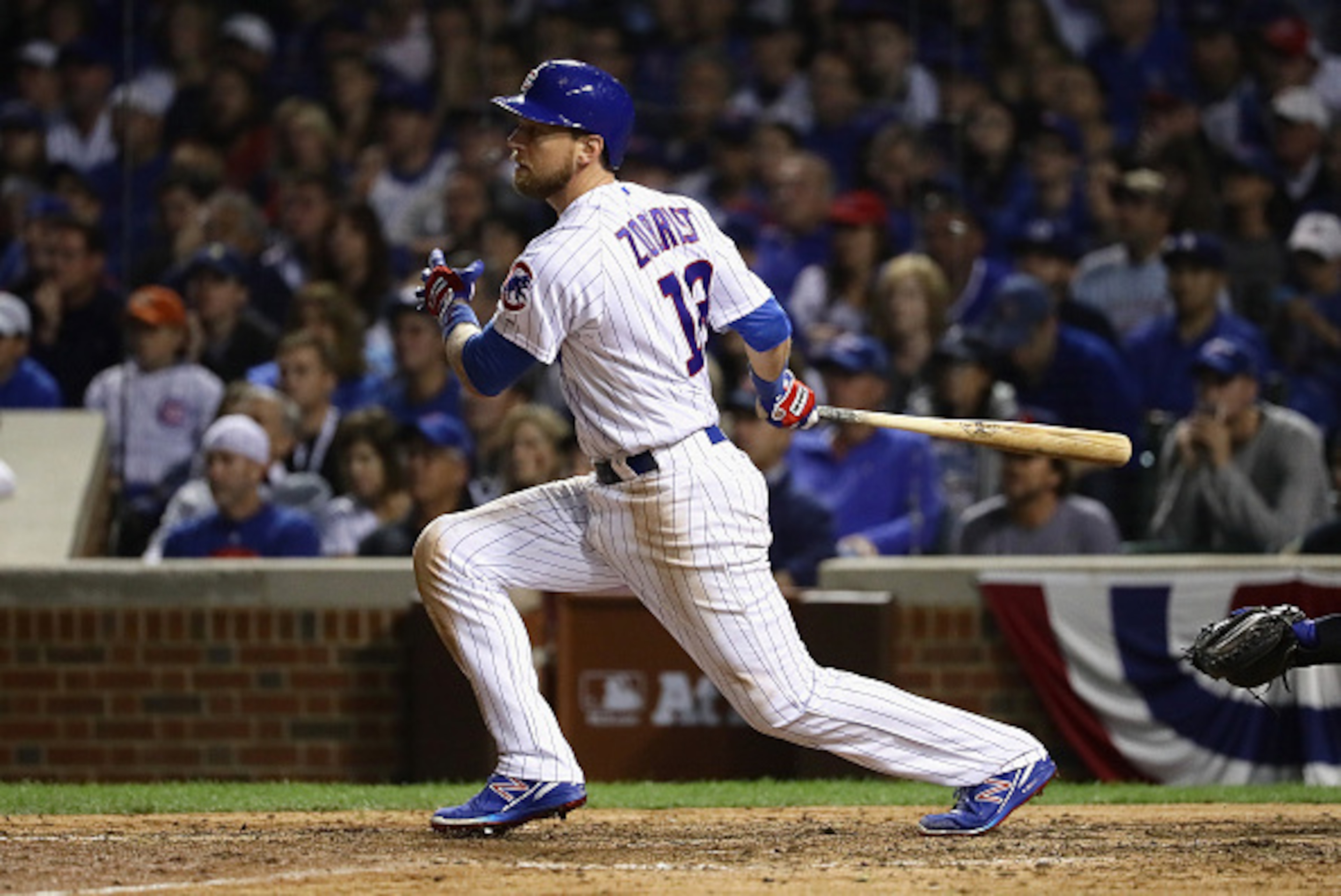 CHICAGO, IL - OCTOBER 15:  Ben Zobrist #18 of the Chicago Cubs hits a double in the eighth inning against the Los Angeles Dodgers during game one of the National League Championship Series at Wrigley Field on October 15, 2016 in Chicago, Illinois.  (Photo