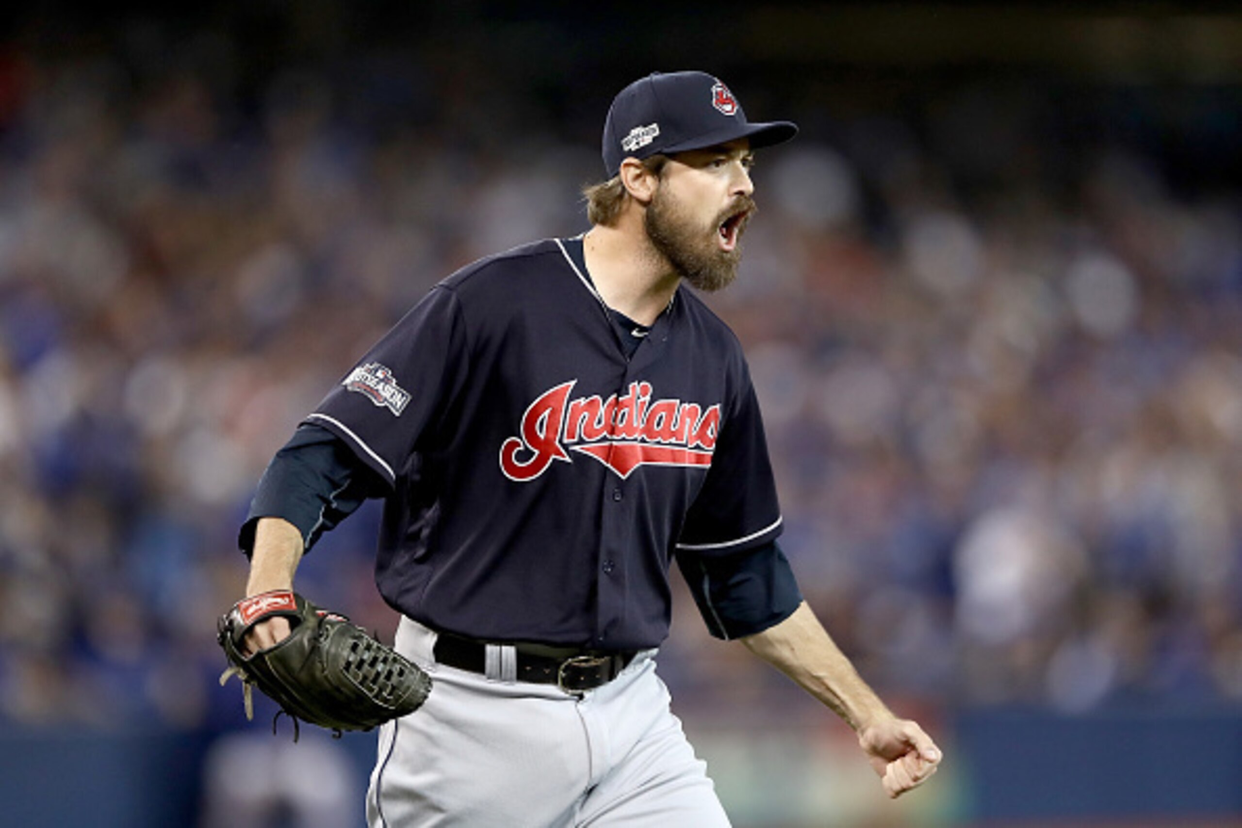 TORONTO, ON - OCTOBER 19:  Andrew Miller #24 of the Cleveland Indians reacts after closing out the sixth inning against the Toronto Blue Jays during game five of the American League Championship Series at Rogers Centre on October 19, 2016 in Toronto, Cana