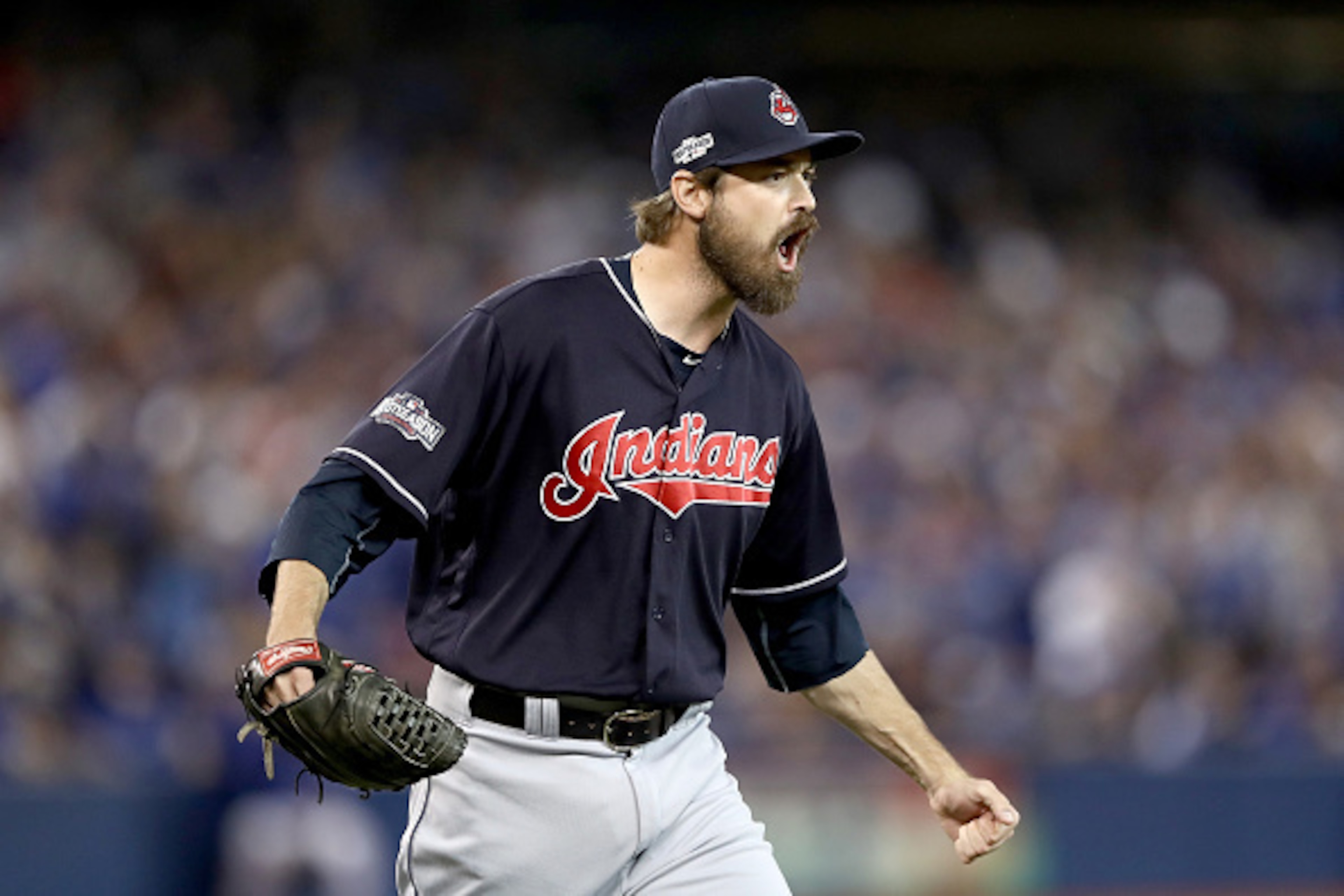 TORONTO, ON - OCTOBER 19:  Andrew Miller #24 of the Cleveland Indians reacts after closing out the sixth inning against the Toronto Blue Jays during game five of the American League Championship Series at Rogers Centre on October 19, 2016 in Toronto, Cana