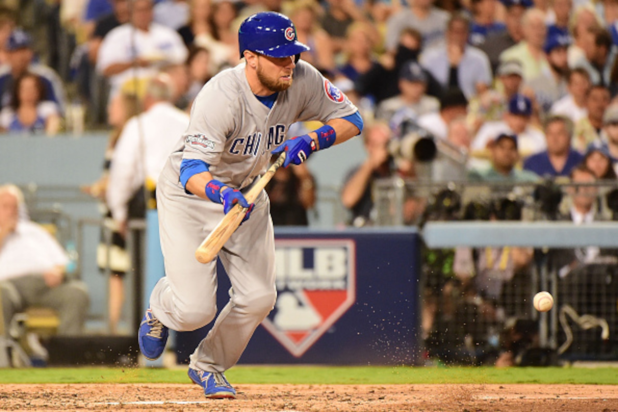 LOS ANGELES, CA - OCTOBER 19:  Ben Zobrist #18 of the Chicago Cubs singles against the Los Angeles Dodgers in the fourth inning of game four of the National League Championship Series at Dodger Stadium on October 19, 2016 in Los Angeles, California.  (Pho