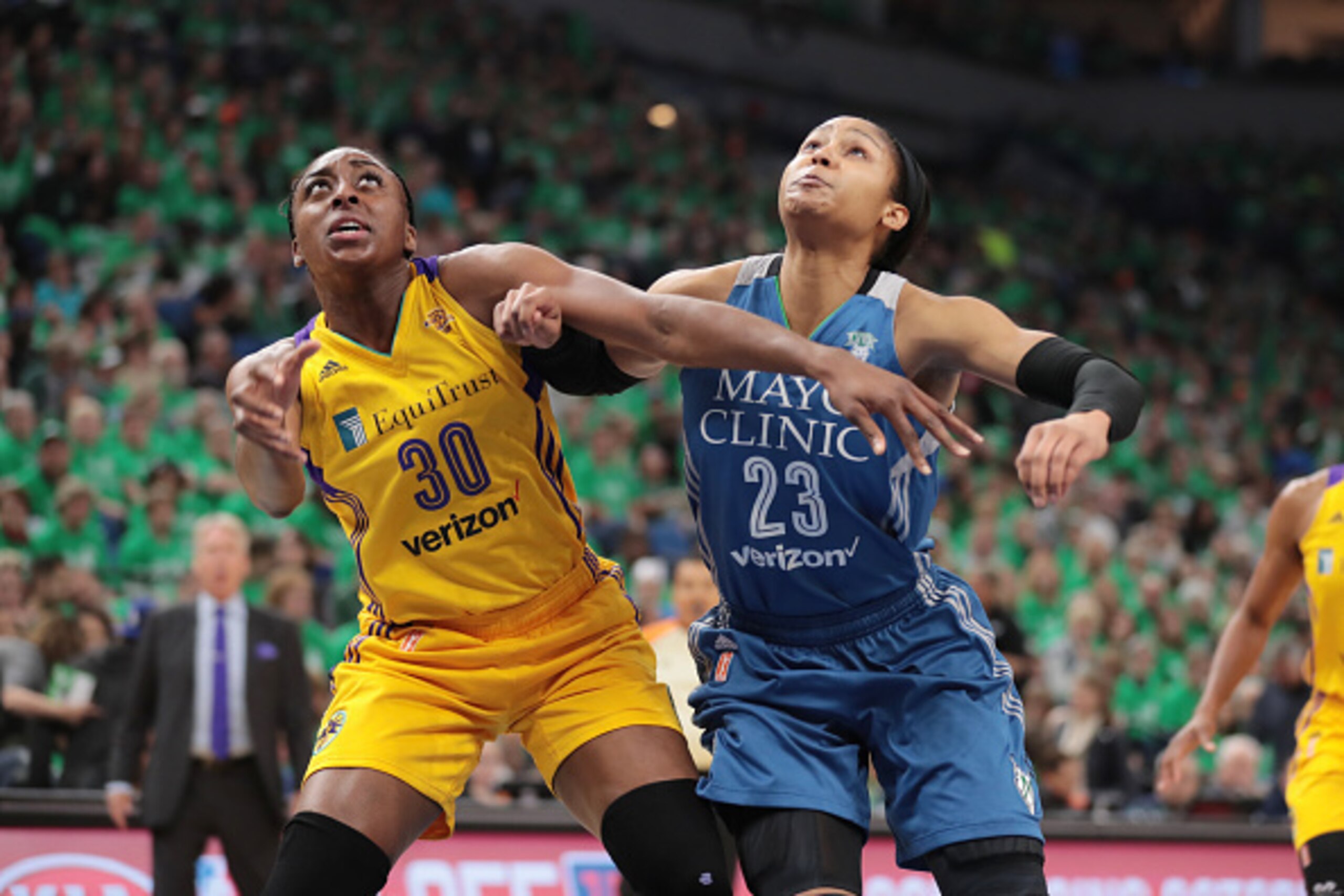 MINNEAPOLIS, MN - OCTOBER 20:  Maya Moore #23 of the Minnesota Lynx fights for position against Nneka Ogwumike #30 of the Los Angeles Sparks during Game Five of the 2016 WNBA Finals on October 20, 2016 at Target Center in Minneapolis, Minnesota. NOTE TO U