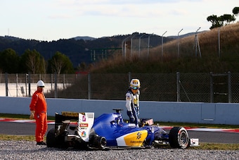 MONTMELO, SPAIN - MARCH 02:  Marcus Ericsson of Sweden and Sauber F1 stops on track after losing a wheel during day two of F1 winter testing at Circuit de Catalunya on March 2, 2016 in Montmelo, Spain.  (Photo by Dan Istitene/Getty Images)