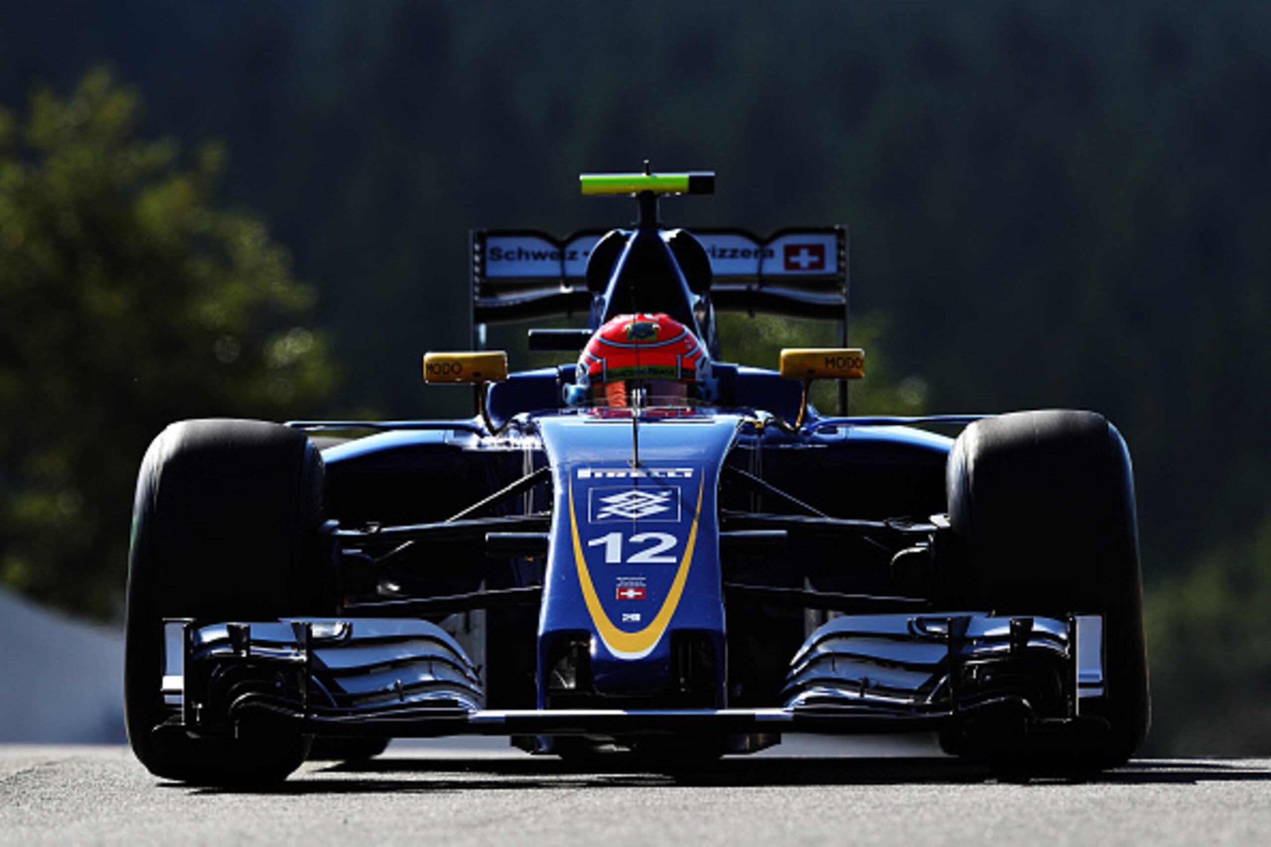 SPA, BELGIUM - AUGUST 26: Felipe Nasr of Brazil driving the (12) Sauber F1 Team Sauber C35 Ferrari 059/5 turbo on track during practice for the Formula One Grand Prix of Belgium at Circuit de Spa-Francorchamps on August 26, 2016 in Spa, Belgium.  (Photo b
