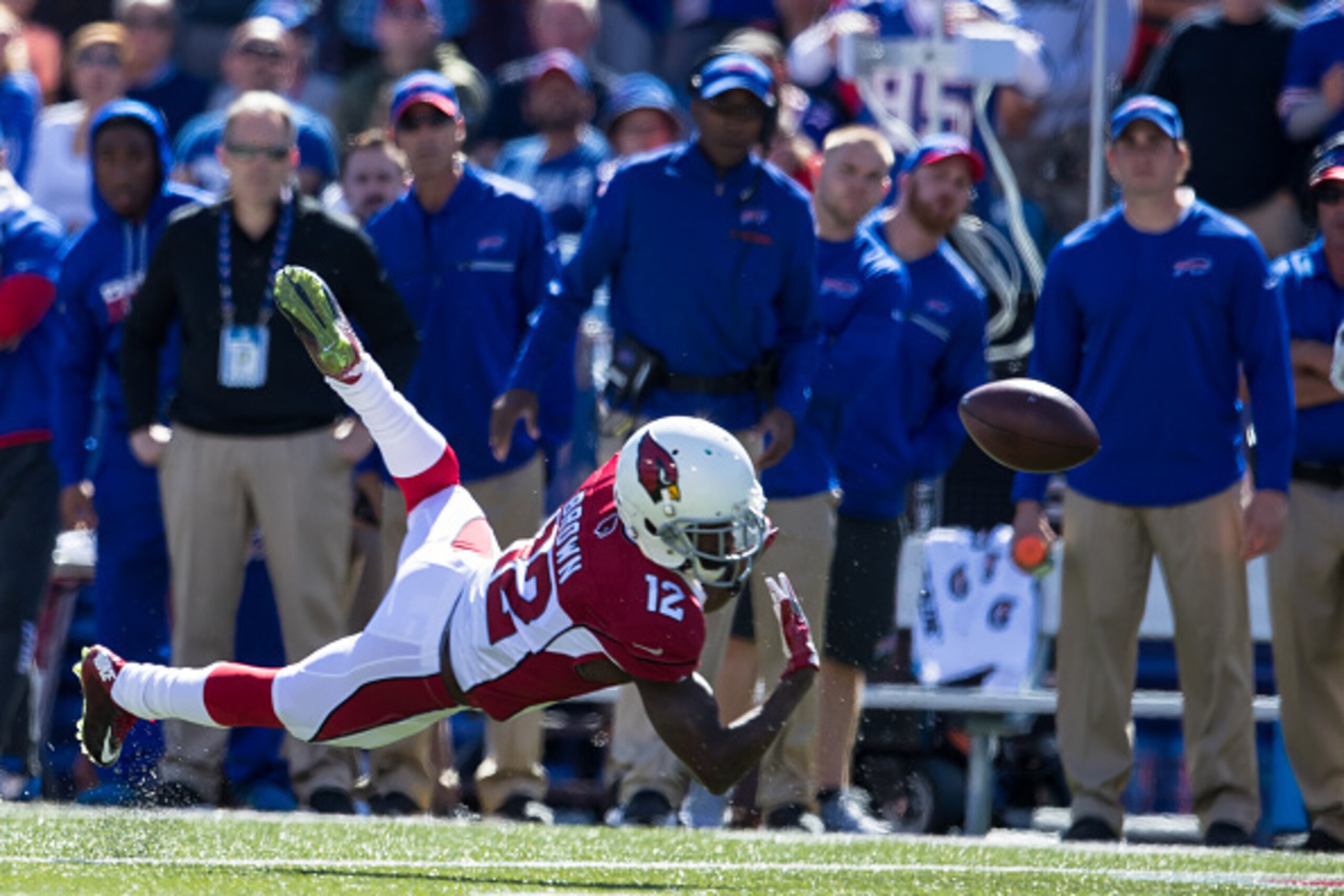 ORCHARD PARK, NY - SEPTEMBER 25:  John Brown #12 of the Arizona Cardinals drops a pass during the first half against the Buffalo Bills on September 25, 2016 at New Era Field in Orchard Park, New York. Buffalo defeats Arizona 33-18.  (Photo by Brett Carlse