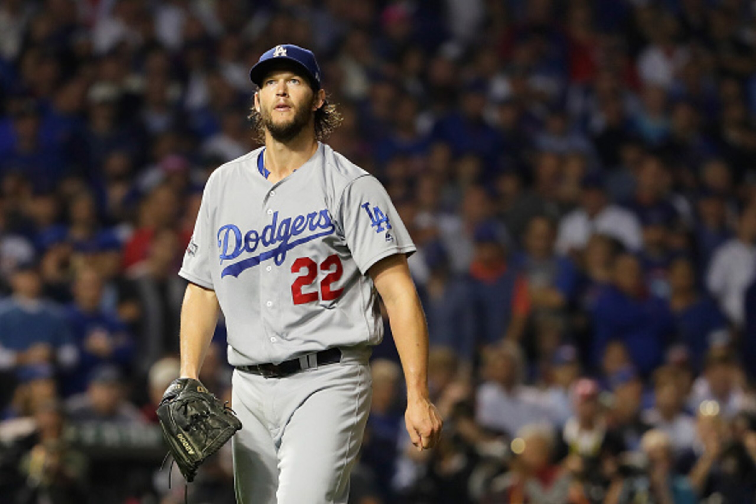 CHICAGO, IL - OCTOBER 16:  Clayton Kershaw #22 of the Los Angeles Dodgers reacts during game two of the National League Championship Series against the Chicago Cubs at Wrigley Field on October 16, 2016 in Chicago, Illinois.  (Photo by Jamie Squire/Getty I
