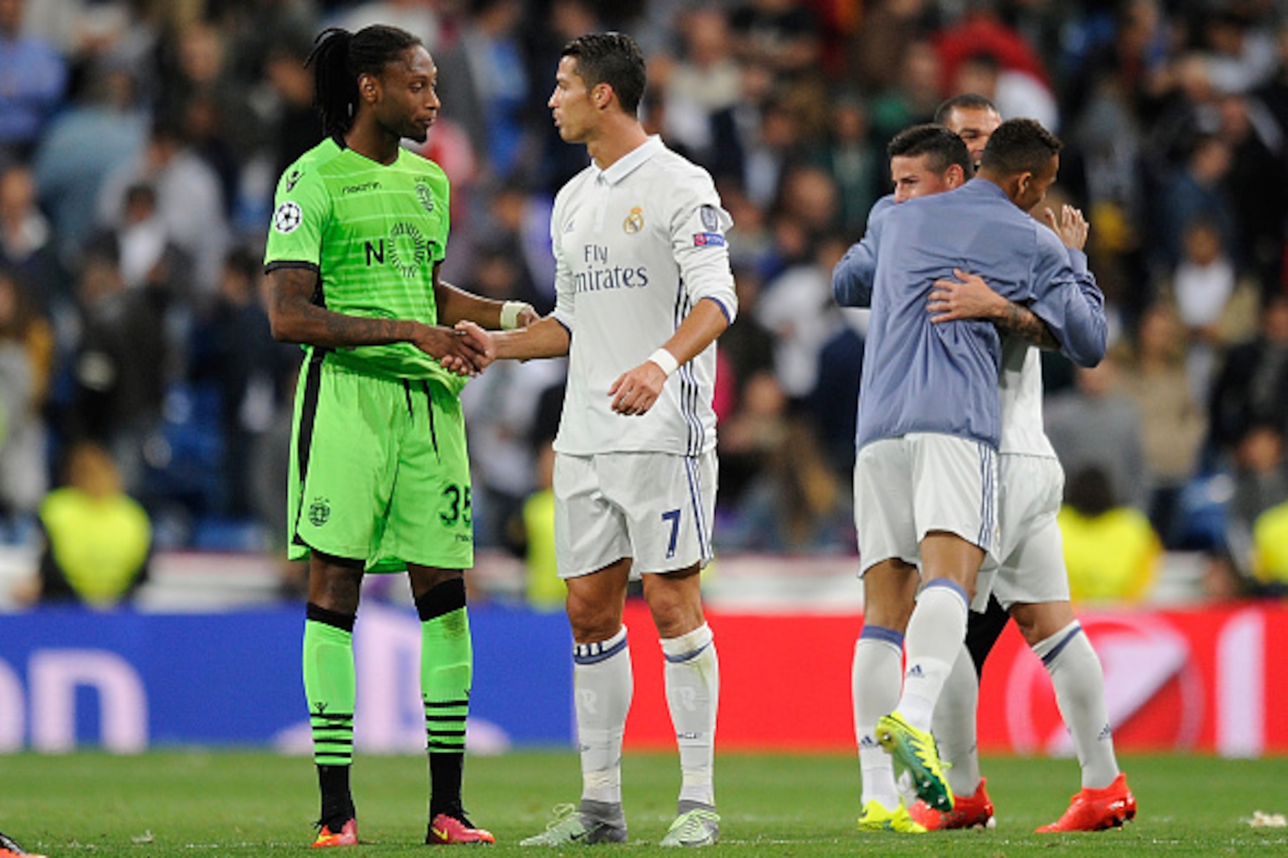 Cristiano Ronaldo chats of Real Madrid CF chats with Ruben Semedo of Sporting Clube de Portugal
  after beating Sporting Clube de Portugal 2-1 in the UEFA Champions League Group F match between Real Madrid CF and Sporting Clube de Portugal at estadio Sant