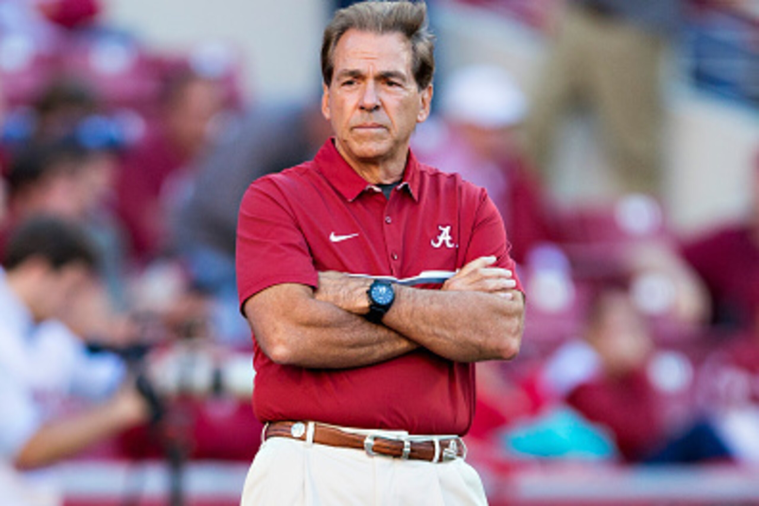 FAYETTEVILLE, AR - OCTOBER 8:  Head Coach Nick Saban of the Alabama Crimson Tide watches his team warm up before a game against the Arkansas Razorbacks at Razorback Stadium on October 8, 2016 in Fayetteville, Arkansas.  The Crimson Tide defeated the Razor