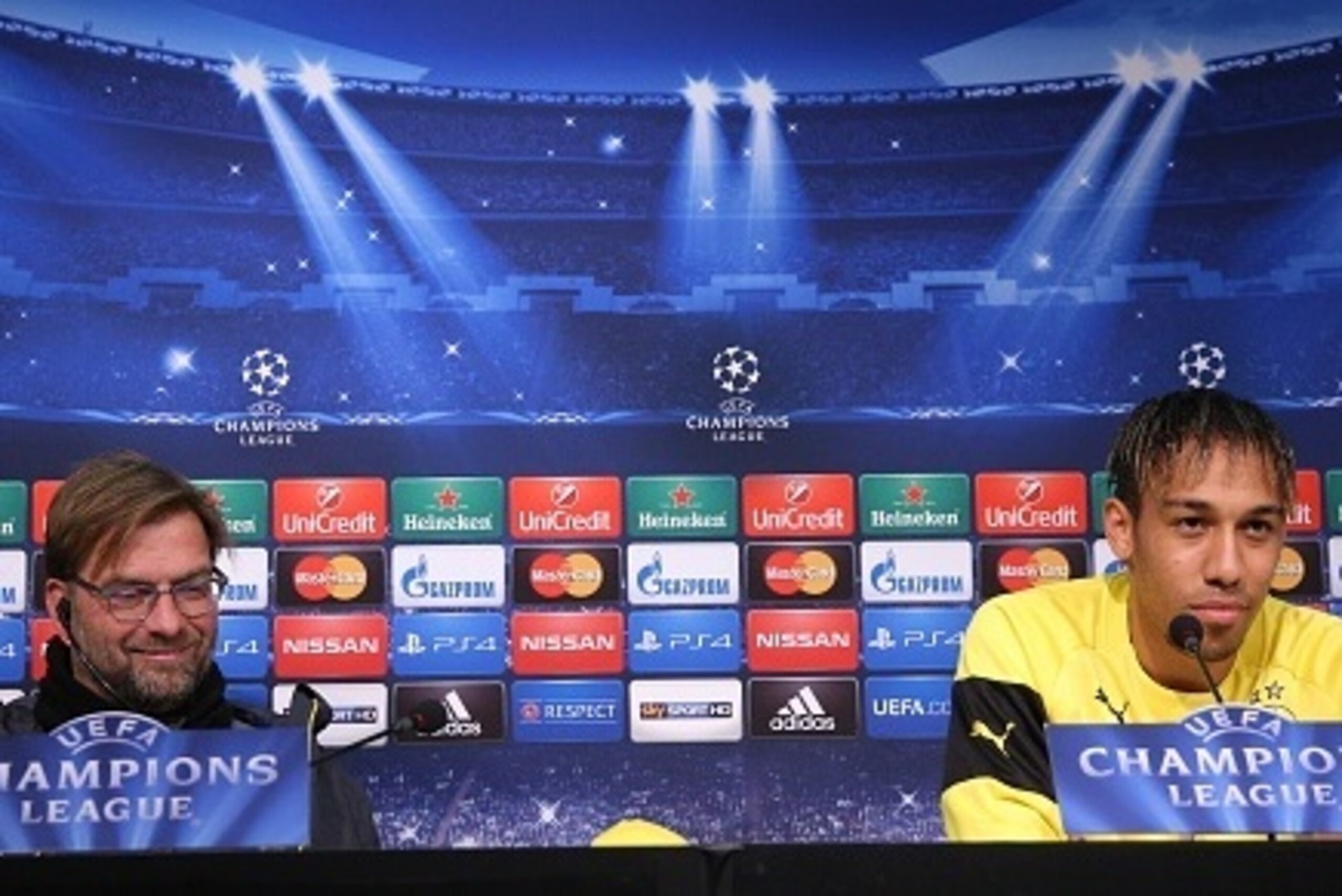 Dortmund's coach Jurgen Klopp (L) and Gabonese midfielder Pierre-Emerick Aubameyang give a press conference on February 23, 2015 on the eve of the last 16, first-leg UEFA Champions League football match Juventus vs. Borussia Dortmund at the 'Juventus Stad Dortmund's coach Jurgen Klopp (L) and Gabonese midfielder Pierre-Emerick Aubameyang give a press conference on February 23, 2015 on the eve of the last 16, first-leg UEFA Champions League football match Juventus vs. Borussia Dortmund at the 'Juventus Stad