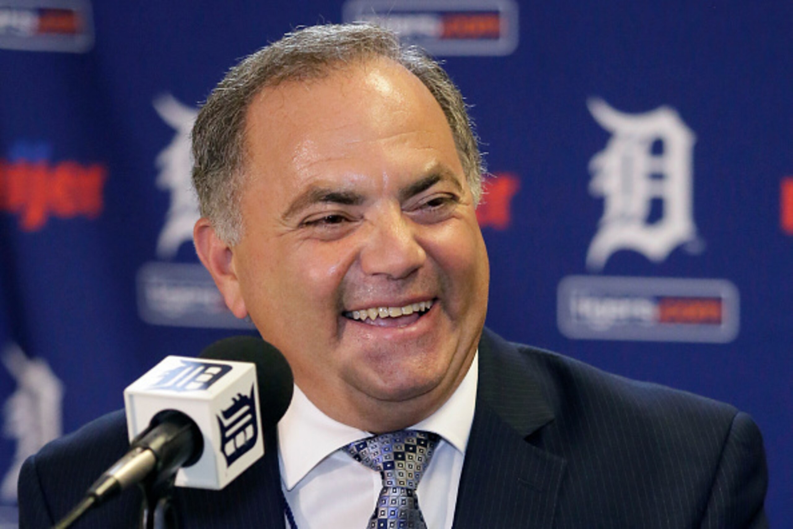 DETROIT, MI - AUGUST 4:  Al Avila laughs during a news conference at Comerica Park after he was promoted to executive vice president of baseball operations and general manager on August 4, 2015 in Detroit, Michigan. Avila replaces Dave Dombrowski who was 