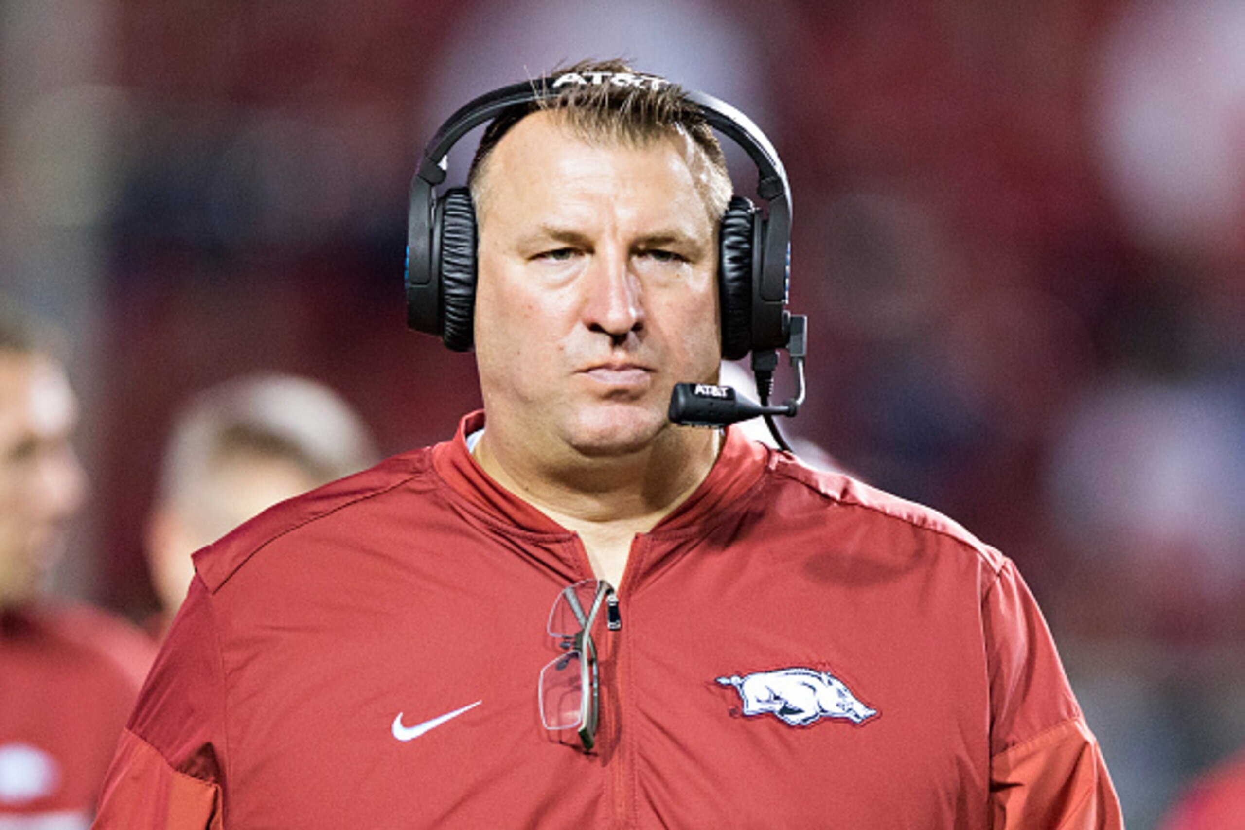 FAYETTEVILLE, AR - OCTOBER15:  Head Coach Bret Bielema of the Arkansas Razorbacks walks off the field during a game against the Mississippi Rebels at Razorback Stadium on October 15, 2016 in Fayetteville, Arkansas.  The Razorbacks defeated the Rebels 34-3