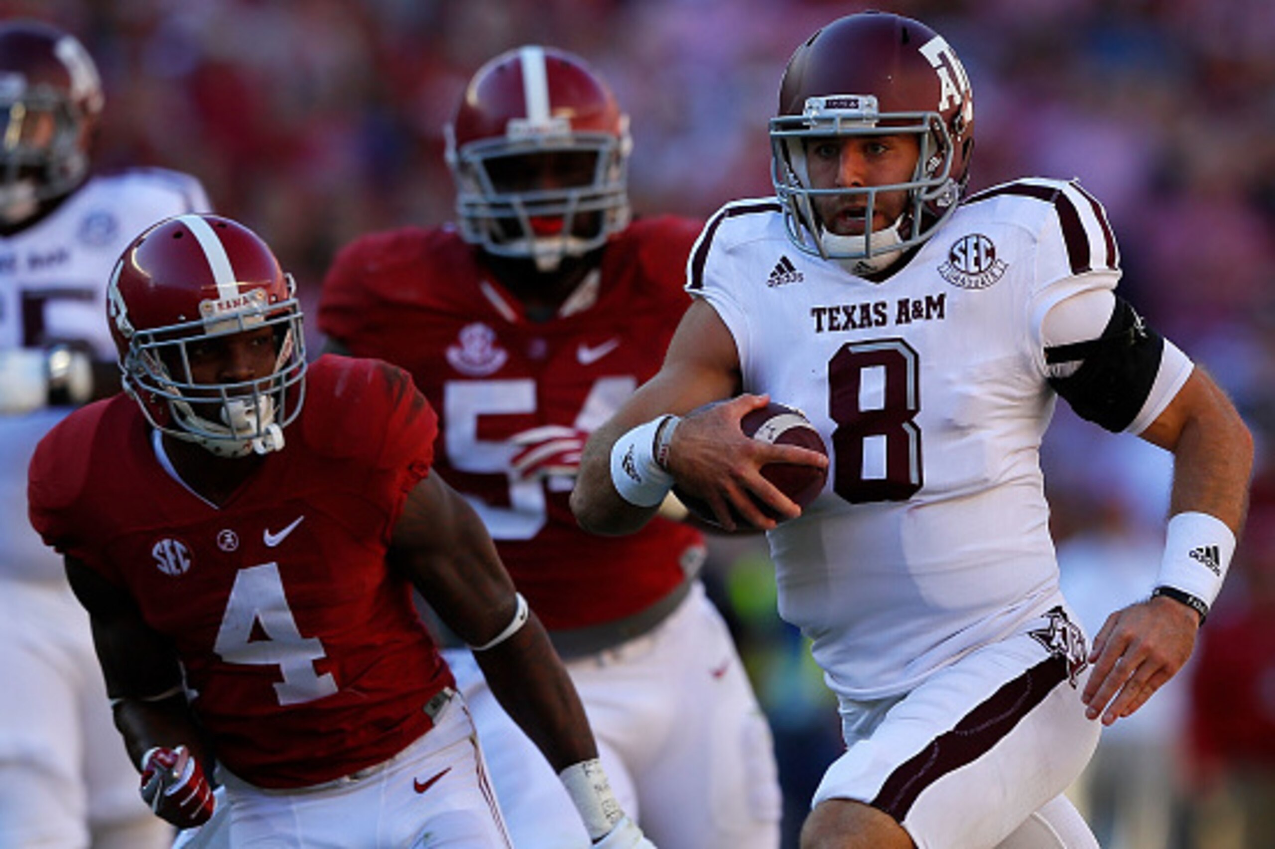 TUSCALOOSA, AL - OCTOBER 22:  Trevor Knight #8 of the Texas A&M Aggies rushes against Eddie Jackson #4 of the Alabama Crimson Tide at Bryant-Denny Stadium on October 22, 2016 in Tuscaloosa, Alabama.  (Photo by Kevin C. Cox/Getty Images)