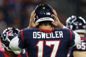 HOUSTON, TX - OCTOBER 16: Brock Osweiler #17 of the Houston Texans listens to directions in his helmet against the Indianapolis Colts at NRG Stadium on October 16, 2016 in Houston, Texas.  (Photo by Bob Levey/Getty Images)