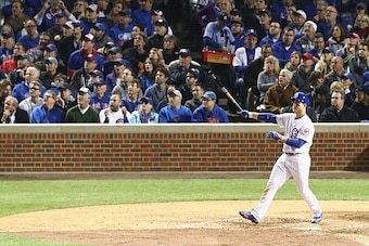 CHICAGO, IL - OCTOBER 22:  Anthony Rizzo #44 of the Chicago Cubs hits a solo home run in the fifth inning against the Los Angeles Dodgers during game six of the National League Championship Series at Wrigley Field on October 22, 2016 in Chicago, Illinois.