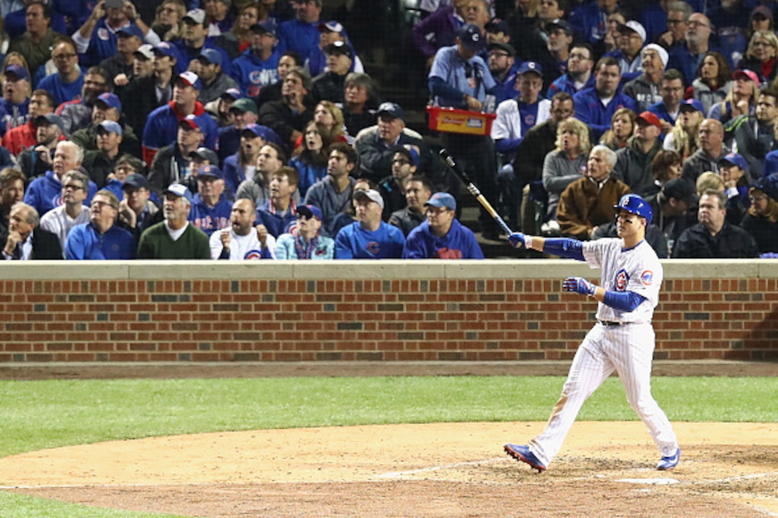 CHICAGO, IL - OCTOBER 22: Anthony Rizzo #44 of the Chicago Cubs hits a solo home run in the fifth inning against the Los Angeles Dodgers during game six of the National League Championship Series at Wrigley Field on October 22, 2016 in Chicago, Illinois. CHICAGO, IL - OCTOBER 22: Anthony Rizzo #44 of the Chicago Cubs hits a solo home run in the fifth inning against the Los Angeles Dodgers during game six of the National League Championship Series at Wrigley Field on October 22, 2016 in Chicago, Illinois.