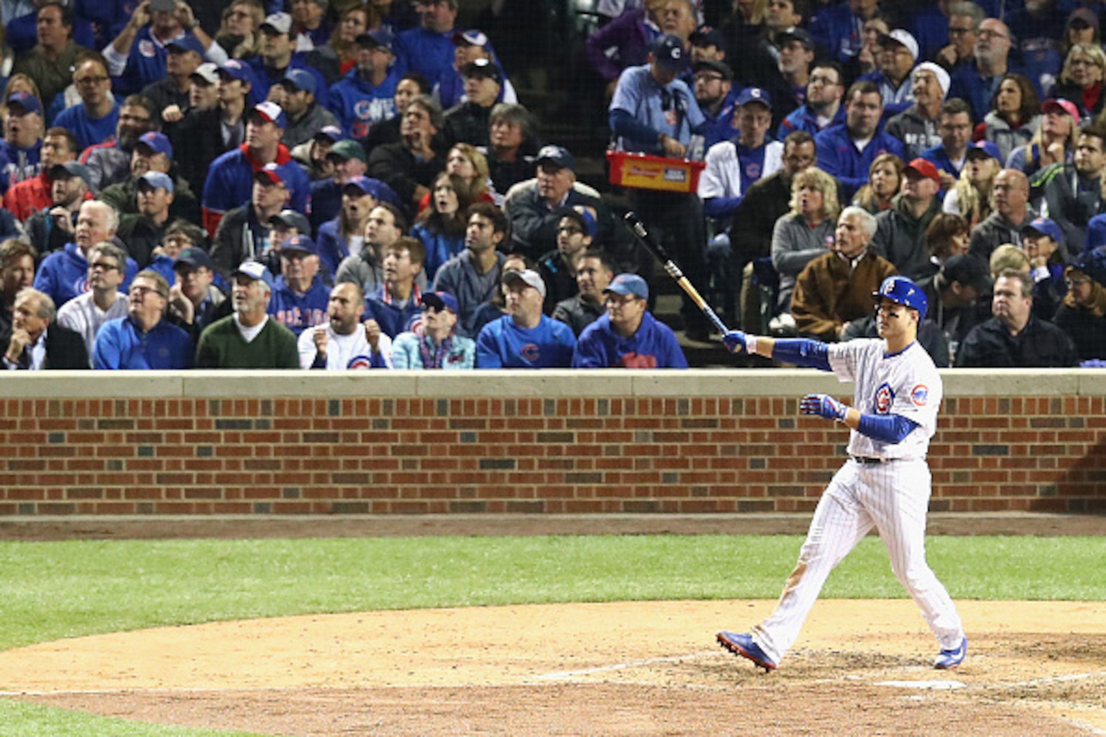 CHICAGO, IL - OCTOBER 22:  Anthony Rizzo #44 of the Chicago Cubs hits a solo home run in the fifth inning against the Los Angeles Dodgers during game six of the National League Championship Series at Wrigley Field on October 22, 2016 in Chicago, Illinois.