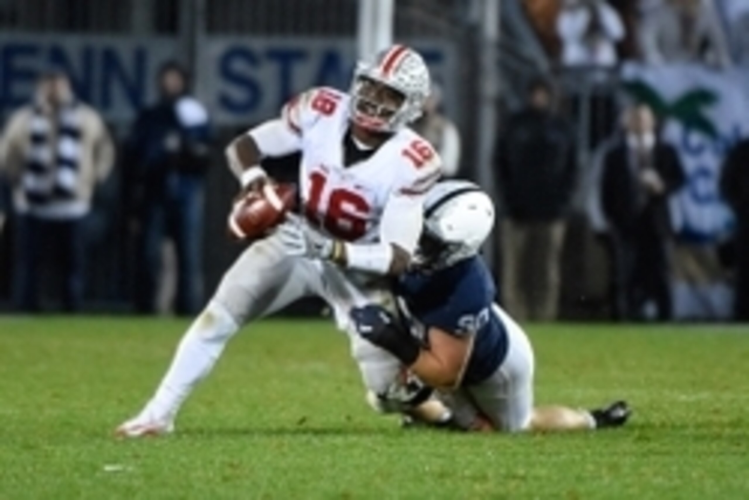 Oct 22, 2016; University Park, PA, USA; Penn State Nittany Lions defensive end Garrett Sickels (90) sacks Ohio State Buckeyes quarterback J.T. Barrett (16) during the third quarter at Beaver Stadium. Mandatory Credit: Rich Barnes-USA TODAY Sports