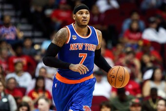 Oct 4, 2016; Houston, TX, USA; New York Knicks forward Carmelo Anthony (7) brings the ball up the court during the third quarter against the Houston Rockets at Toyota Center. Mandatory Credit: Troy Taormina-USA TODAY Sports