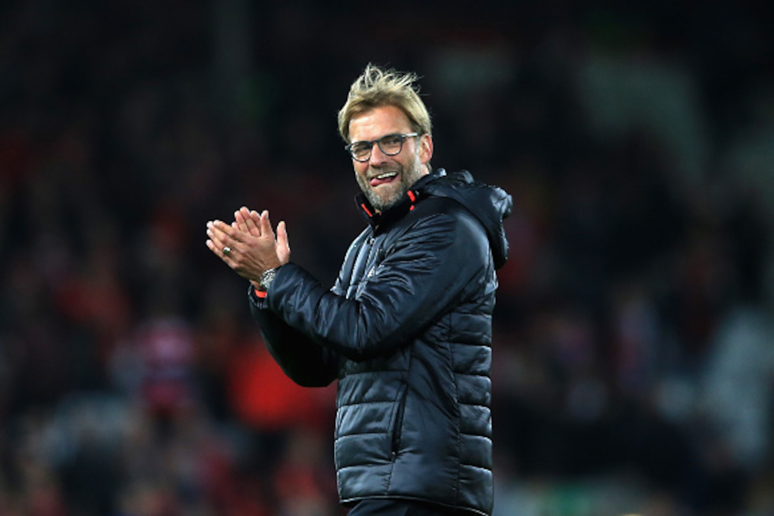 LIVERPOOL, ENGLAND - OCTOBER 22:  Jurgen Klopp, Manager of Liverpool applauds the fans following their team's 2-1 victory during the Premier League match between Liverpool and West Bromwich Albion at Anfield on October 22, 2016 in Liverpool, England.  (Ph