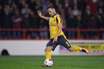 NOTTINGHAM, ENGLAND - SEPTEMBER 20: Lucas Perez of Arsenal scores his sides second goal from the penalty spot during the EFL Cup Third Round match between Nottingham Forest and Arsenal at City Ground on September 20, 2016 in Nottingham, England.  (Photo b