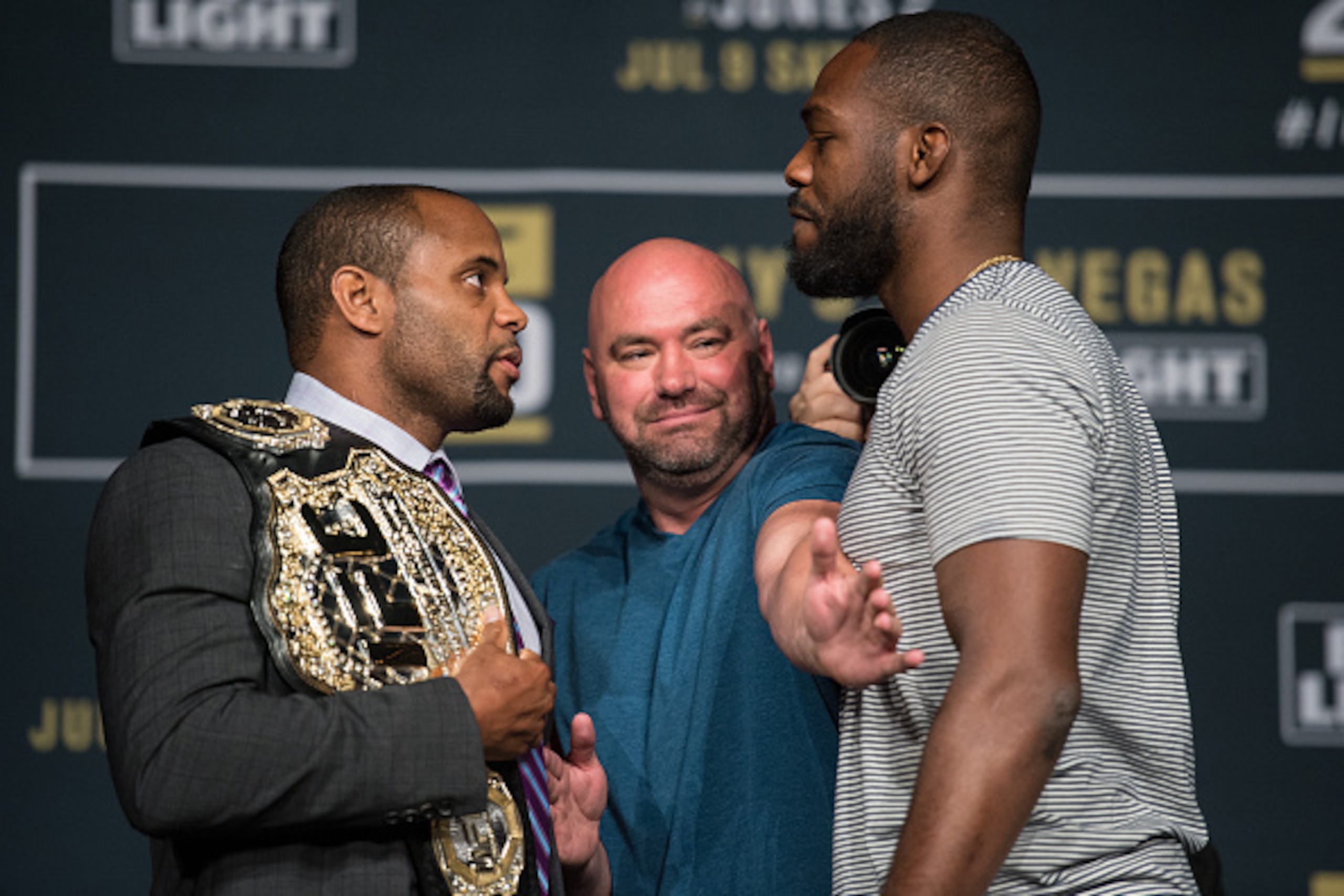 LAS VEGAS, NV - JULY 06:  (L-R) UFC lightweight champion Daniel Cormier and Jon Jones face off during the UFC 200: Press Conference in KA Theater at MGM Grand Hotel & Casino on July 6, 2016 in Las Vegas, Nevada. (Photo by Brandon Magnus/Zuffa LLC/Zuffa LL