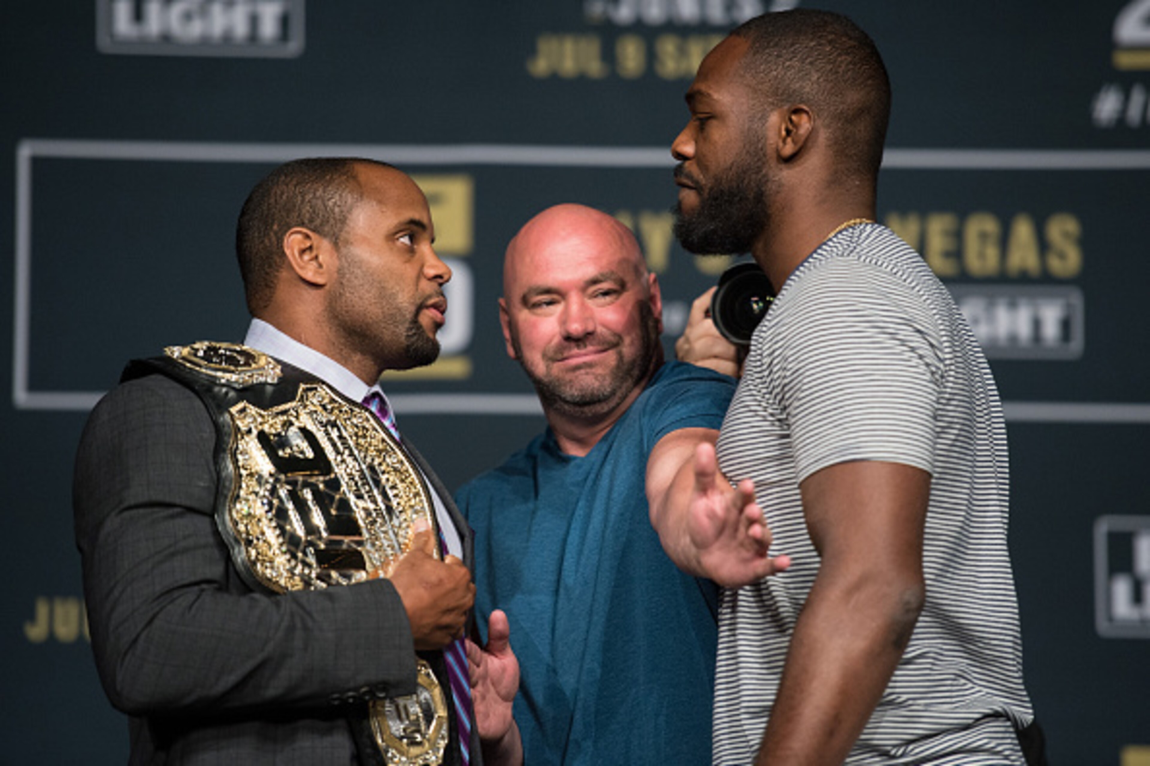 LAS VEGAS, NV - JULY 06:  (L-R) UFC lightweight champion Daniel Cormier and Jon Jones face off during the UFC 200: Press Conference in KA Theater at MGM Grand Hotel & Casino on July 6, 2016 in Las Vegas, Nevada. (Photo by Brandon Magnus/Zuffa LLC/Zuffa LL
