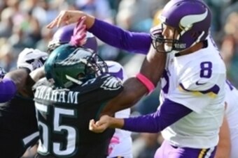 Oct 23, 2016; Philadelphia, PA, USA; Philadelphia Eagles defensive end Brandon Graham (55) pressures Minnesota Vikings quarterback Sam Bradford (8) during the first quarter at Lincoln Financial Field. Mandatory Credit: Eric Hartline-USA TODAY Sports