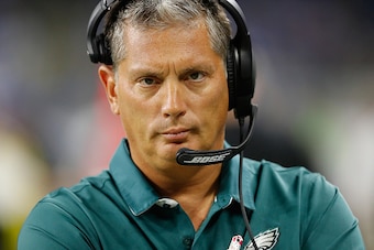 DETROIT, MI - OCTOBER 09: Defensive Coordinator Jim Schwartz of the Philadelphia Eagles and formally head coach of the Detroit Lions watches his defense at Ford Field on October 9, 2016 in Detroit, Michigan. (Photo by Leon Halip/Getty Images)