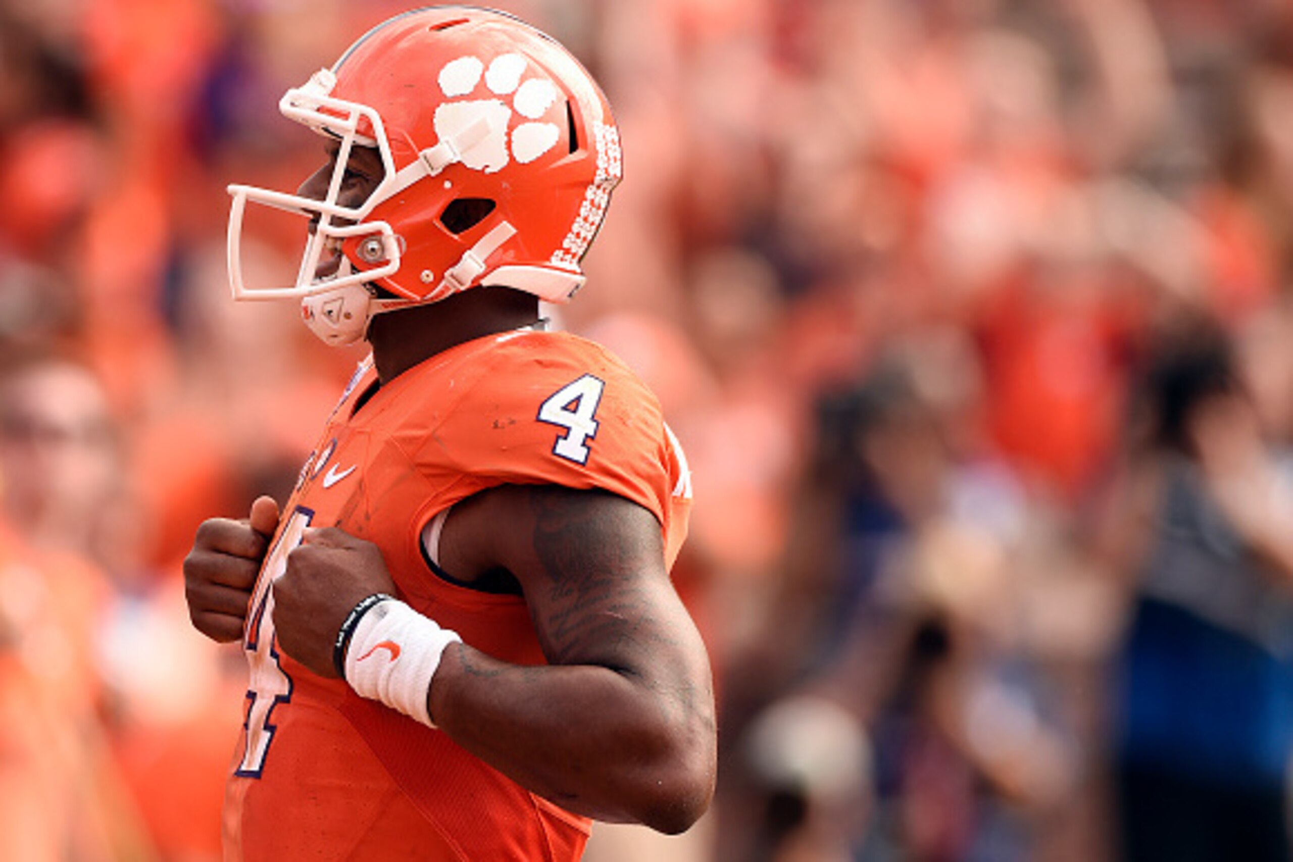 CLEMSON, SC - OCTOBER 15: Quarterback Deshaun Watson #4 of the Clemson Tigers celebrates a touchdown against the North Carolina State Wolfpack on October 15, 2016 at Memorial Stadium in Clemson, South Carolina. (Photo by Todd Bennett/Getty Images)