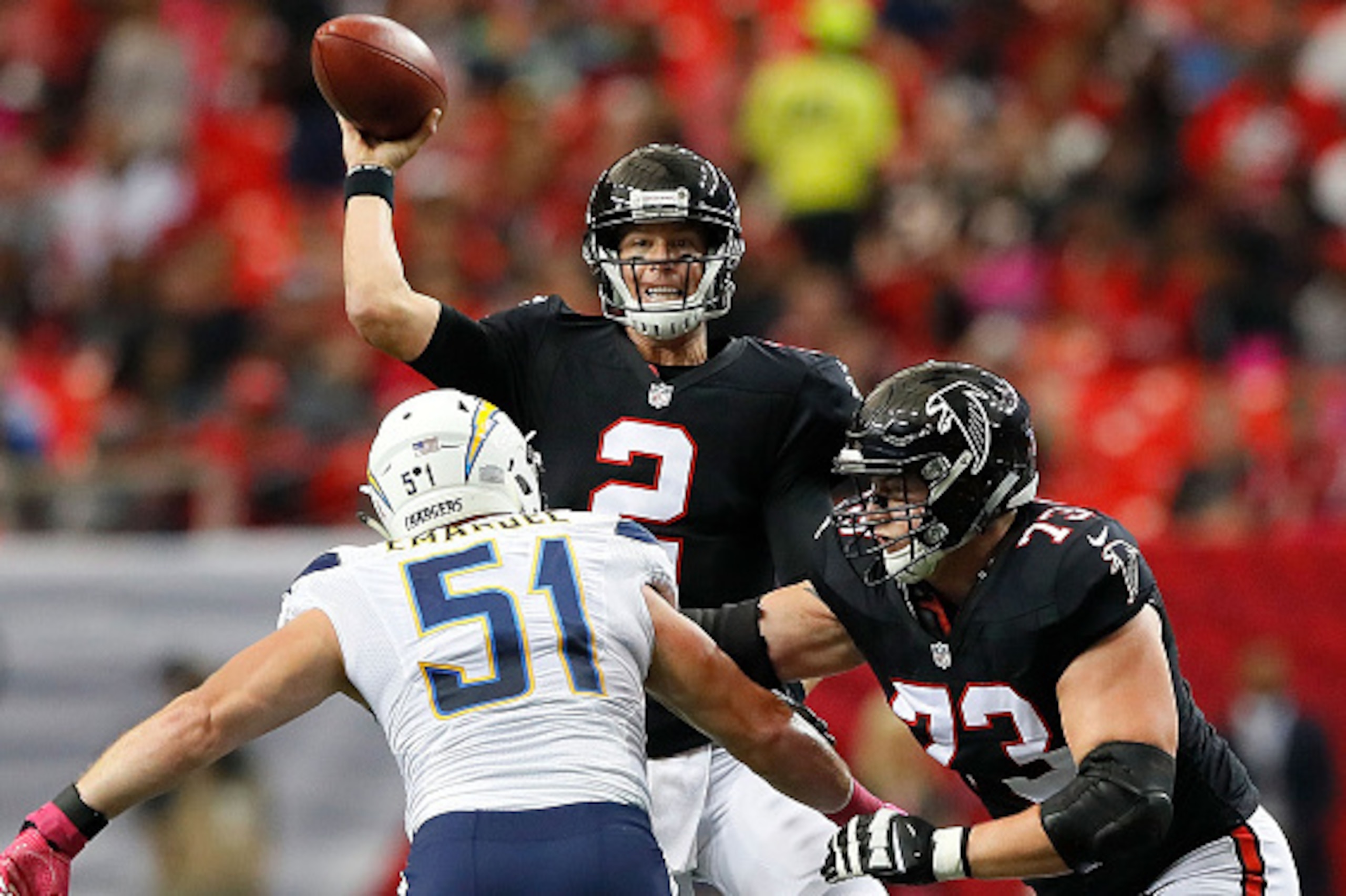 ATLANTA, GA - OCTOBER 23:  Matt Ryan #2 of the Atlanta Falcons looks to pass against the San Diego Chargers at Georgia Dome on October 23, 2016 in Atlanta, Georgia.  (Photo by Kevin C. Cox/Getty Images)