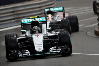 MONTE-CARLO, MONACO - MAY 29: Nico Rosberg of Germany driving the (6) Mercedes AMG Petronas F1 Team Mercedes F1 WO7 Mercedes PU106C Hybrid turbo leads Lewis Hamilton of Great Britain driving the (44) Mercedes AMG Petronas F1 Team Mercedes F1 WO7 Mercedes 