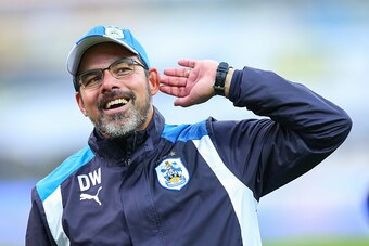 HUDDERSFIELD, ENGLAND - OCTOBER 22: David Wagner head coach / manager  of Huddersfield Town celebrates with the fans at full time during the Sky Bet Championship match between Huddersfield Town and Derby County at John Smith's Stadium on October 22, 2016 