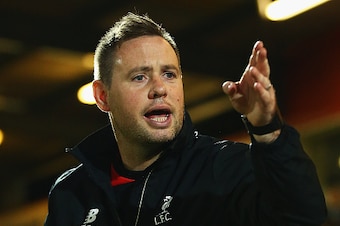 STEVENAGE, ENGLAND - OCTOBER 23:  Michael Beale, manager of Liverpool U21's look on during the Barclays U21 Premier League match between Tottenham Hotspur U21 and Liverpool U21 at The Lamex Stadium on October 23, 2015 in Stevenage, England.  (Photo by Mat