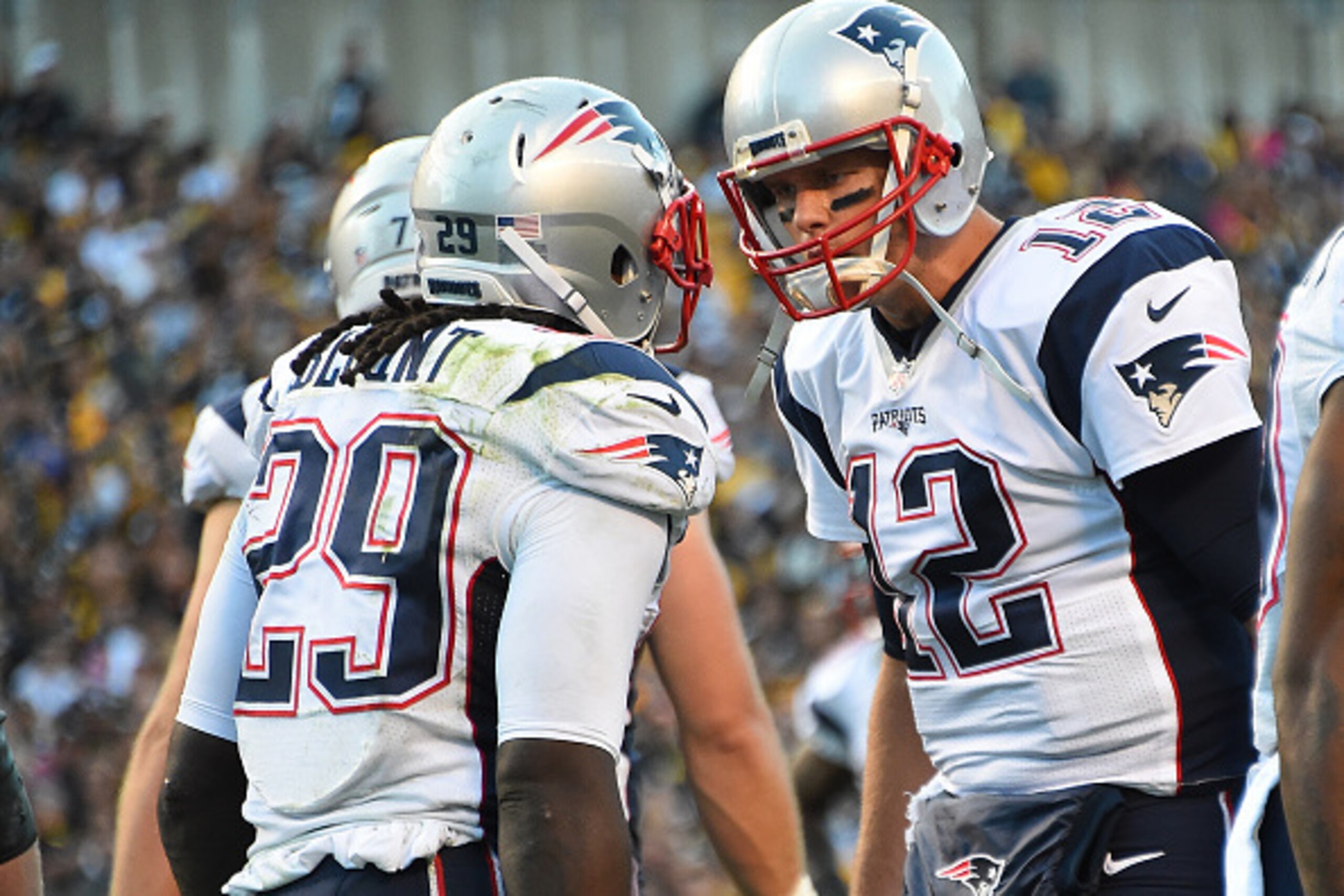 PITTSBURGH, PA - OCTOBER 23: LeGarrette Blount #29 celebrates with Tom Brady #12 of the New England Patriots after rushing for a 3 yard touchdown in the second quarter during the game against the Pittsburgh Steelers at Heinz Field on October 23, 2016 in PITTSBURGH, PA - OCTOBER 23: LeGarrette Blount #29 celebrates with Tom Brady #12 of the New England Patriots after rushing for a 3 yard touchdown in the second quarter during the game against the Pittsburgh Steelers at Heinz Field on October 23, 2016 in