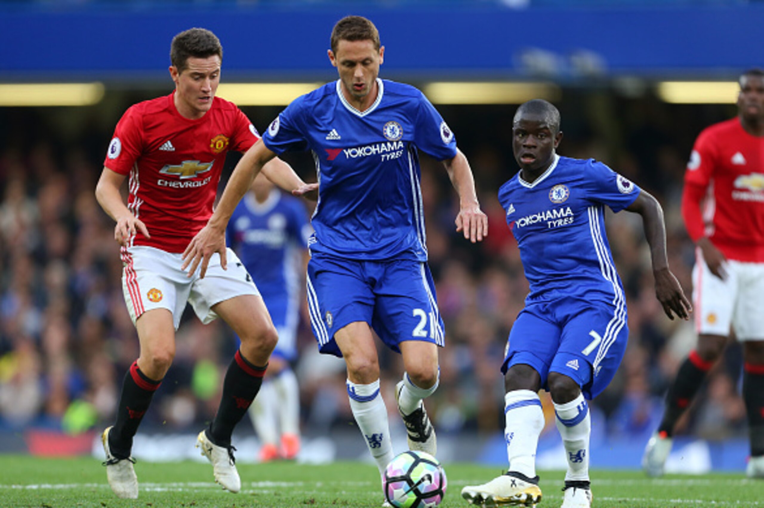 LONDON, ENGLAND - OCTOBER 23: Ander Herrera of Manchester United, Nemanja Matic and Ngolo Kante of Chelsea during the Premier League match between Chelsea and Manchester United at Stamford Bridge on October 23, 2016 in London, England. (Photo by Catherine