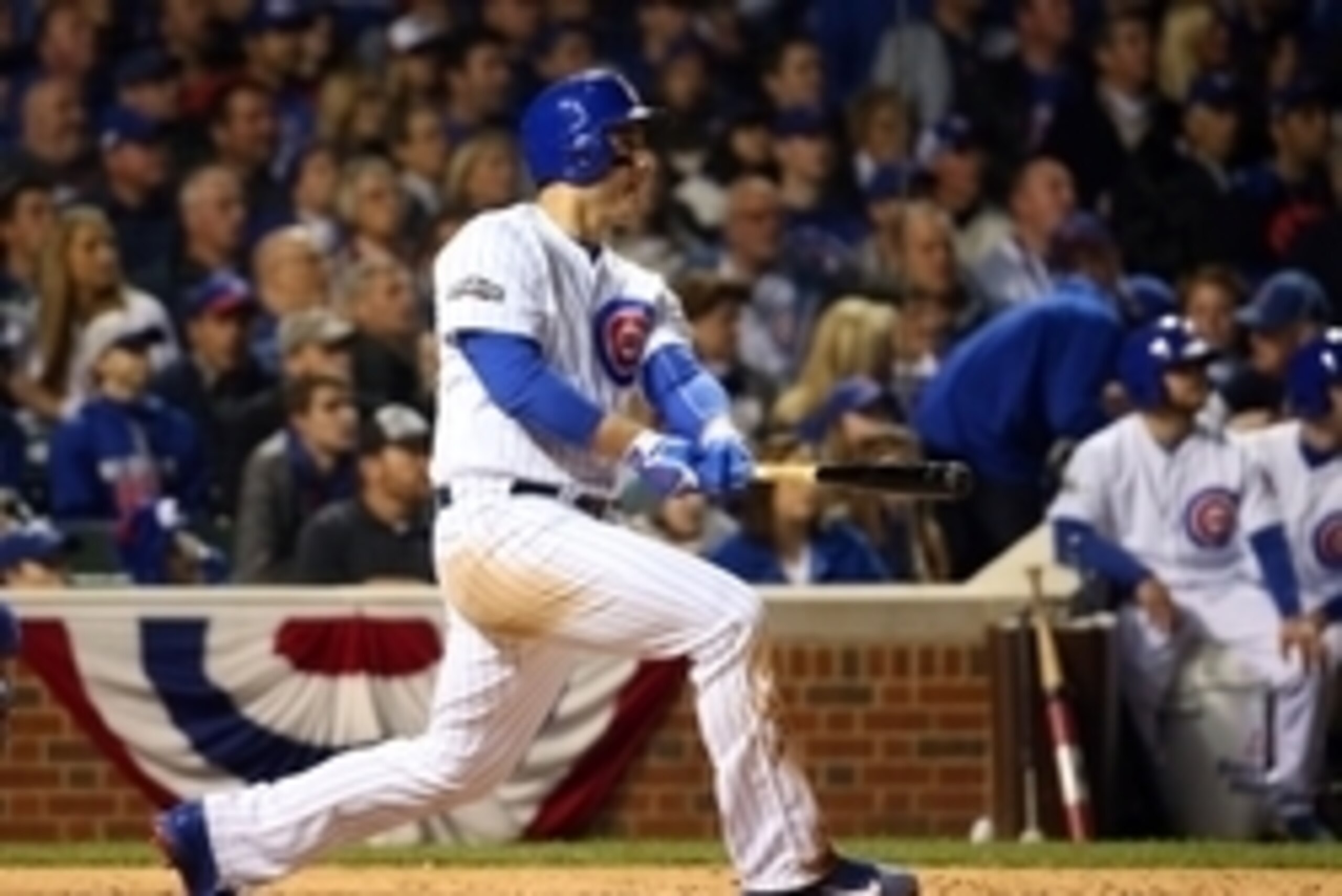 Oct 22, 2016; Chicago, IL, USA; Chicago Cubs first baseman Anthony Rizzo (44) hits a double against the Los Angeles Dodgers during the third inning of game six of the 2016 NLCS playoff baseball series at Wrigley Field. Mandatory Credit: Jerry Lai-USA TODA Oct 22, 2016; Chicago, IL, USA; Chicago Cubs first baseman Anthony Rizzo (44) hits a double against the Los Angeles Dodgers during the third inning of game six of the 2016 NLCS playoff baseball series at Wrigley Field. Mandatory Credit: Jerry Lai-USA TODA