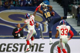 LONDON, ENGLAND - OCTOBER 23:  Kenny Britt of the Los ANgeles Rams fumbles the ball during the NFL International Series match between New York Giants and Los Angeles Rams at Twickenham Stadium on October 23, 2016 in London, England.  (Photo by Warren Litt