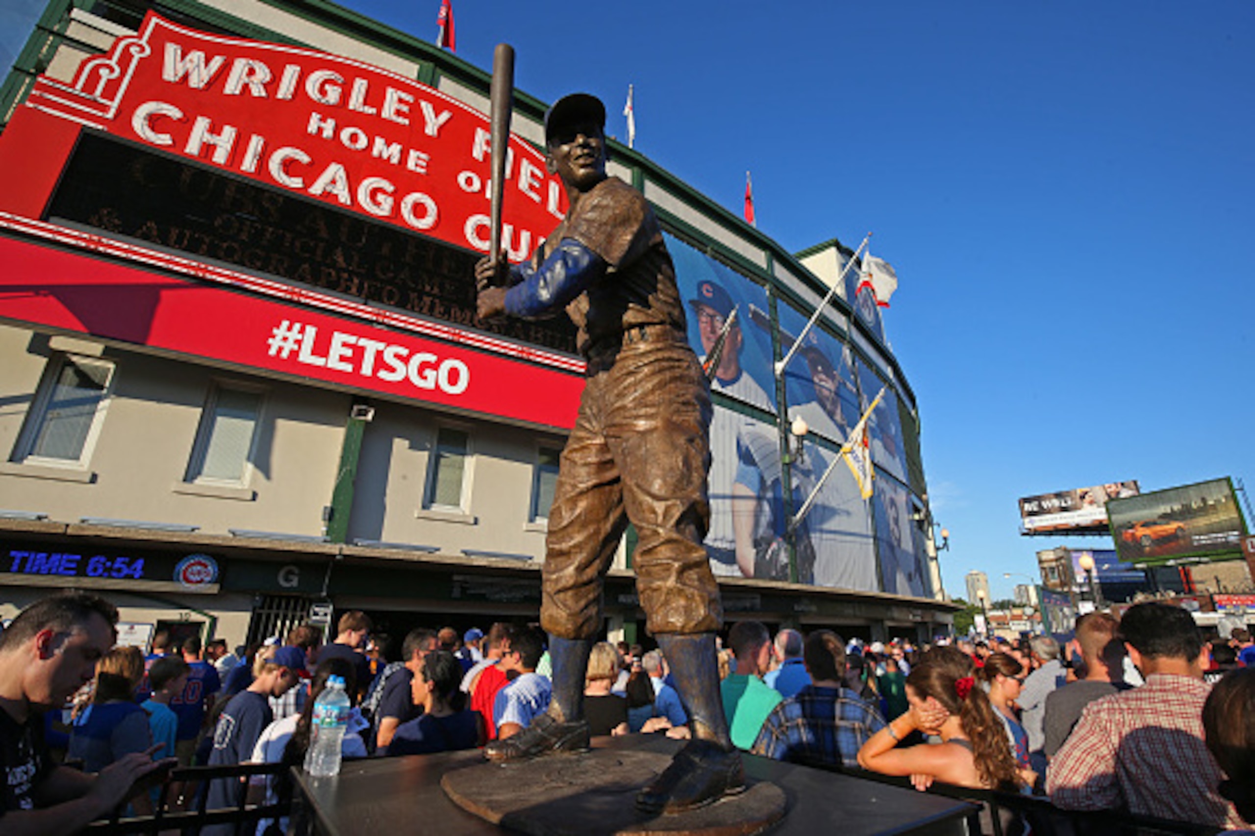 CHICAGO, IL - AUGUST 6:  Exterior, overall, wide angle general view outside Wrigley Field, including Ernie Banks statue before the game between the San Francisco Giants and Chicago Cubs on Thursday, August 6, 2015 in Chicago, Illinois. (Photo by Brad Mang