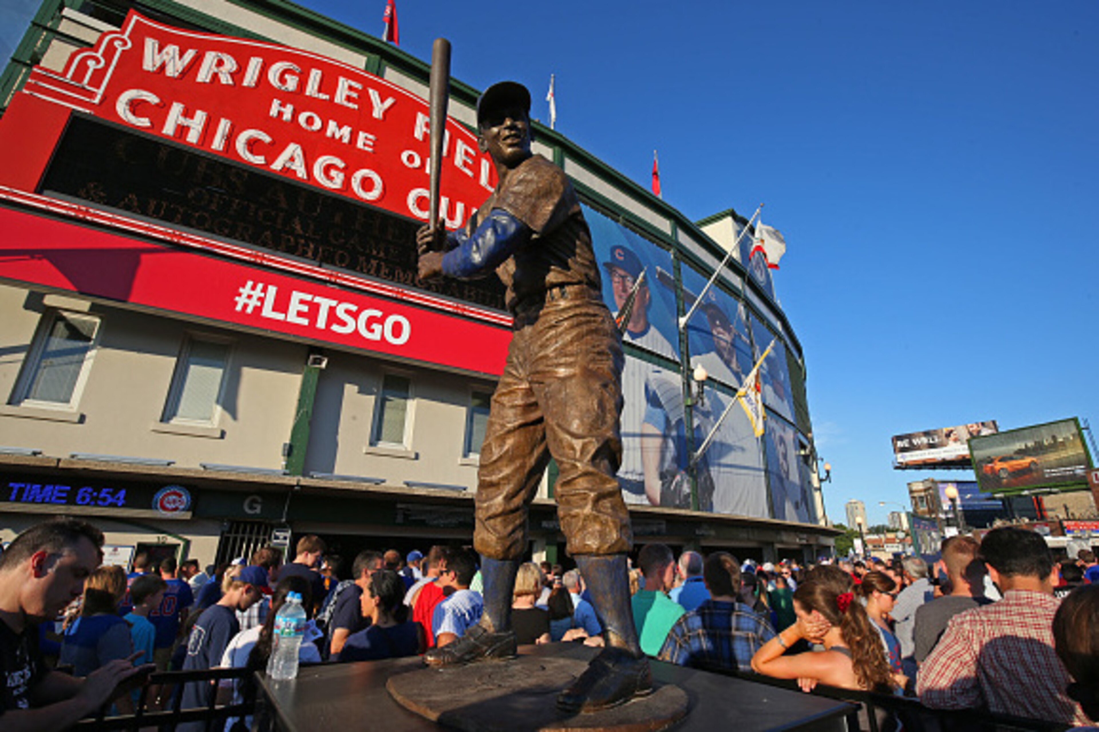 CHICAGO, IL - AUGUST 6:  Exterior, overall, wide angle general view outside Wrigley Field, including Ernie Banks statue before the game between the San Francisco Giants and Chicago Cubs on Thursday, August 6, 2015 in Chicago, Illinois. (Photo by Brad Mang