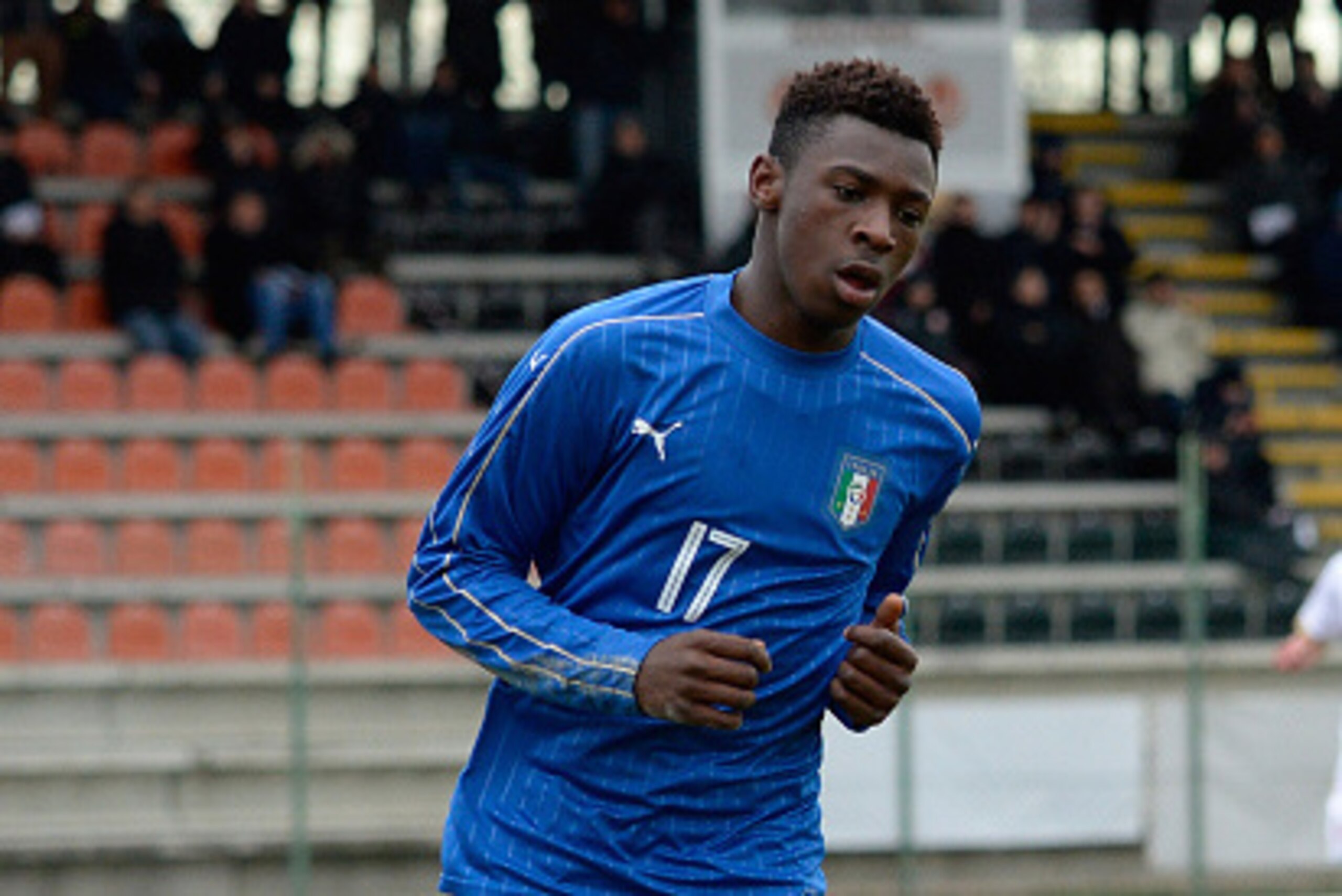 MANZANO, ITALY - FEBRUARY 16:  Bioty Moise Kean of Italy U17 celebrates after scoring his team's second goal during the international friendly match between Italy U17 and Serbia U17 at Stadio Comunale  on February 16, 2016 in Manzano, Italy.  (Photo by Di