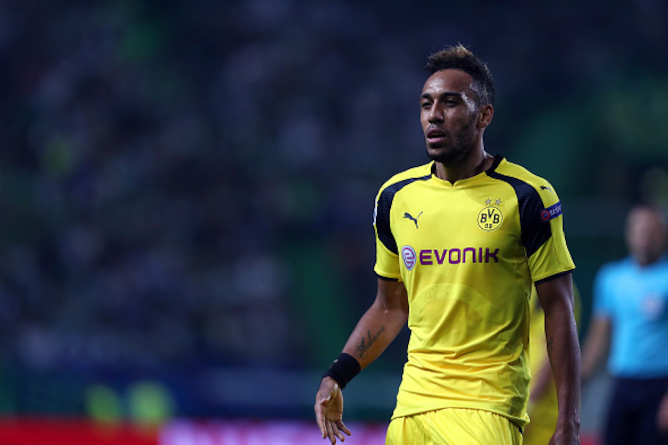 LISBON, PORTUGAL - OCTOBER 18: Borussia Dortmund's forward Aubameyang from Gabao during the Sporting Clube de Portugal v Borussia Dortmund - UEFA Champions League round three match at Estadio Jose Alvalade on October 18, 2016 in Lisbon, Portugal.  (Photo 