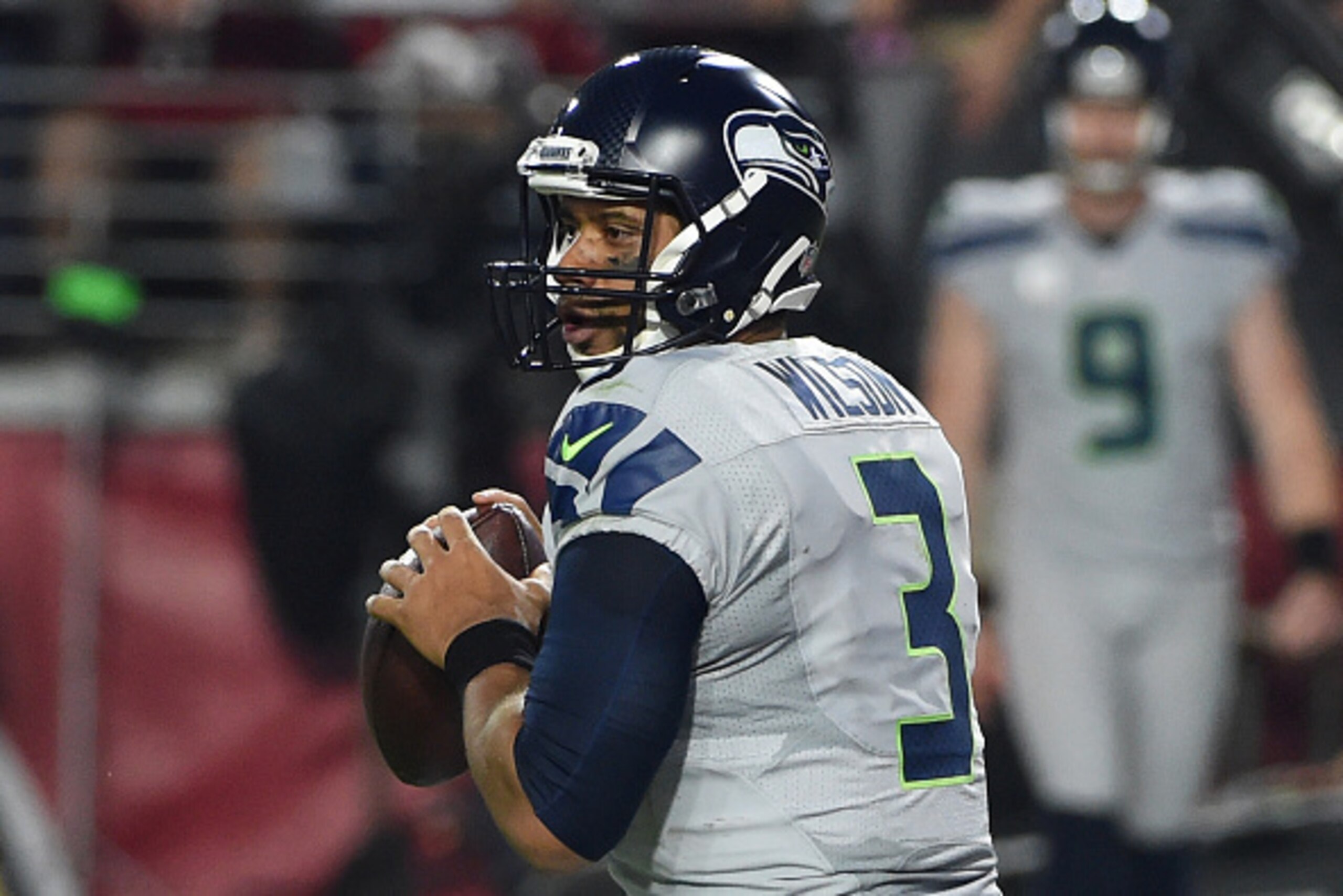 GLENDALE, AZ - OCTOBER 23: Seattle Seahawks quarterback Russell Wilson #3 looks to make a pass in the first half of the NFL game against the Arizona Cardinals at University of Phoenix Stadium on October 23, 2016 in Glendale, Arizona. (Photo by Norm Hall/G