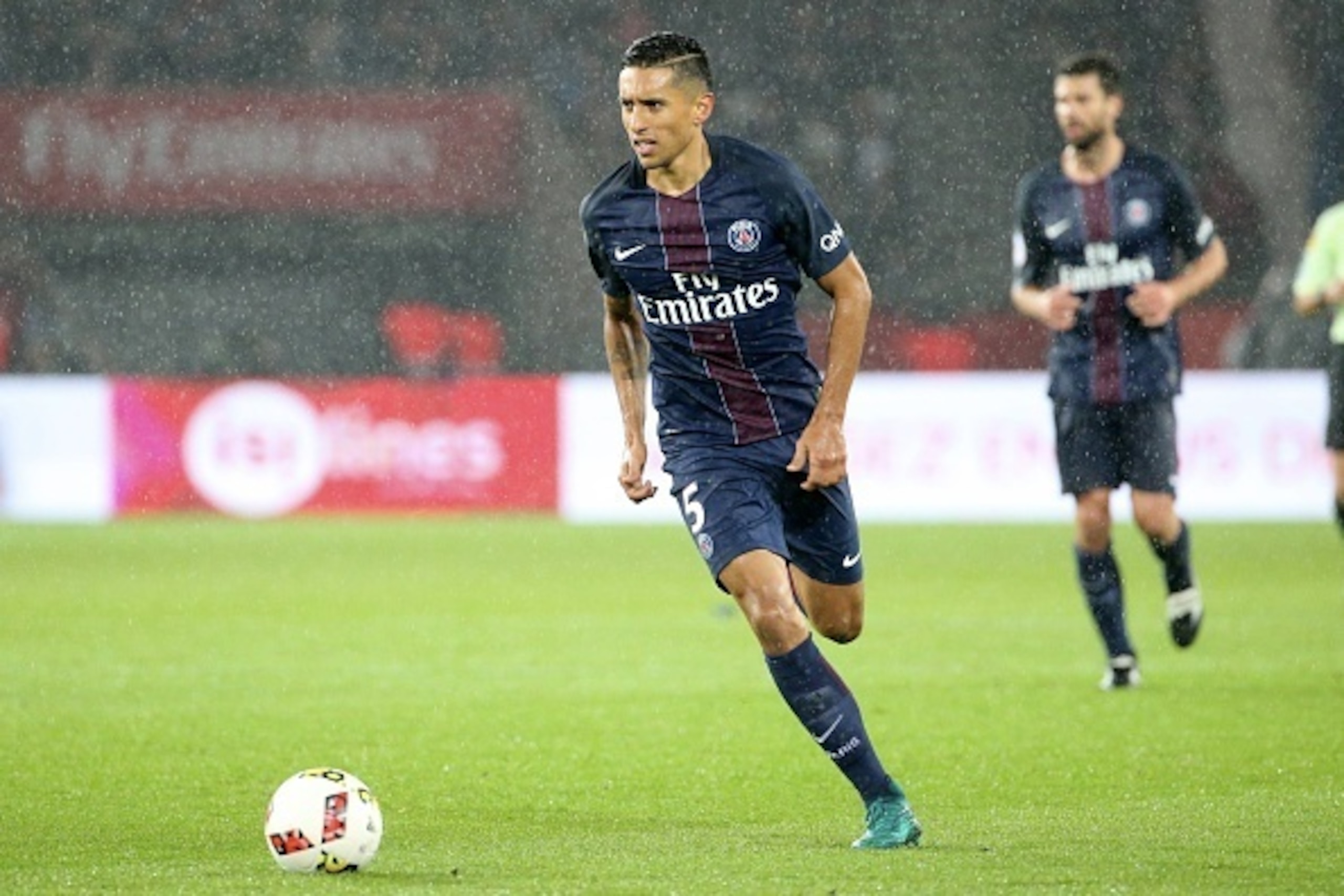 PARIS, FRANCE - OCTOBER 23: Marquinhos of Paris Saint-Germain in action during the French Ligue 1 match between Paris Saint-Germain and Olympique de Marseille at Parc des Princes on october 23, 2016 in Paris, France. (Photo by Xavier Laine/Getty Images)