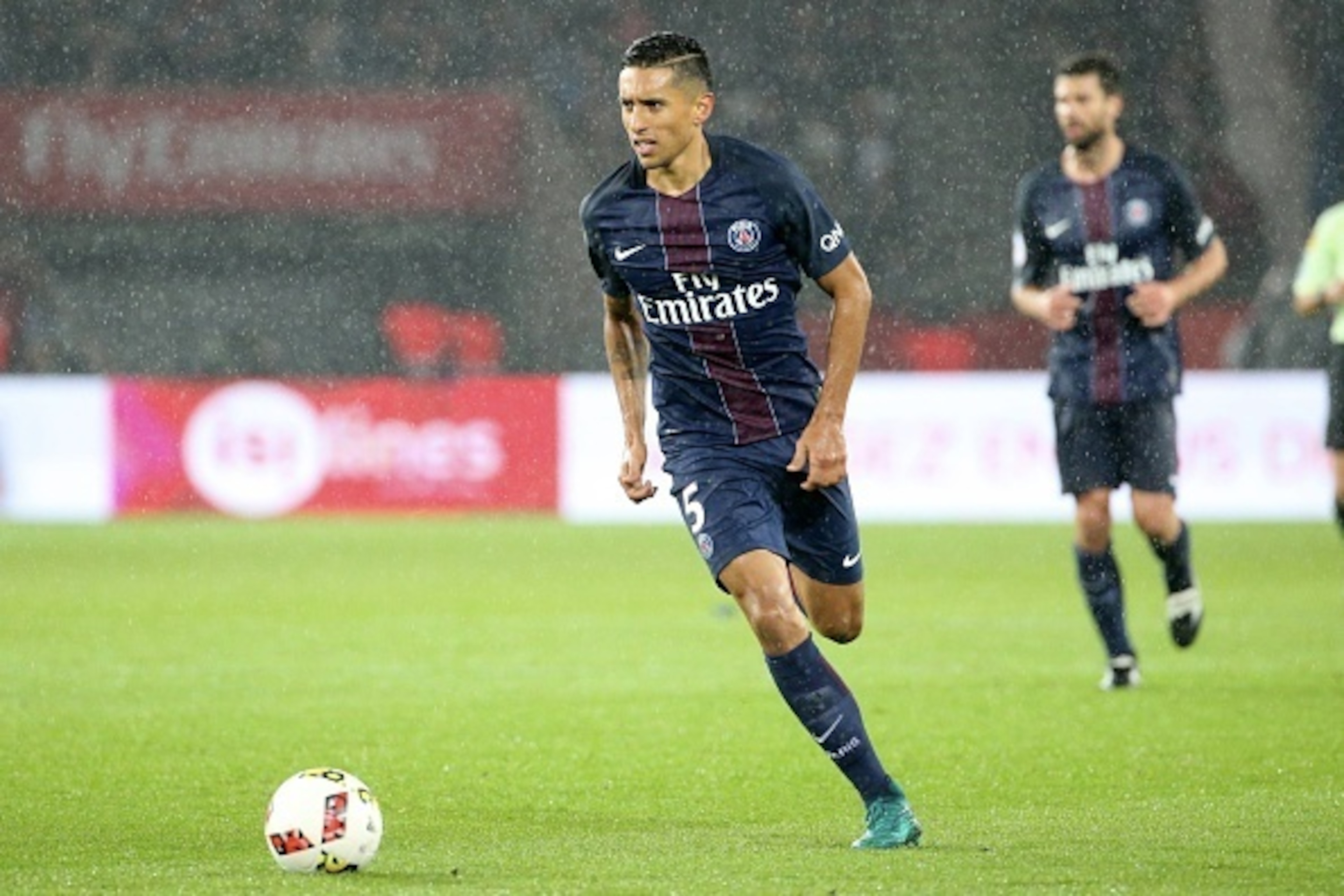 PARIS, FRANCE - OCTOBER 23: Marquinhos of Paris Saint-Germain in action during the French Ligue 1 match between Paris Saint-Germain and Olympique de Marseille at Parc des Princes on october 23, 2016 in Paris, France. (Photo by Xavier Laine/Getty Images)