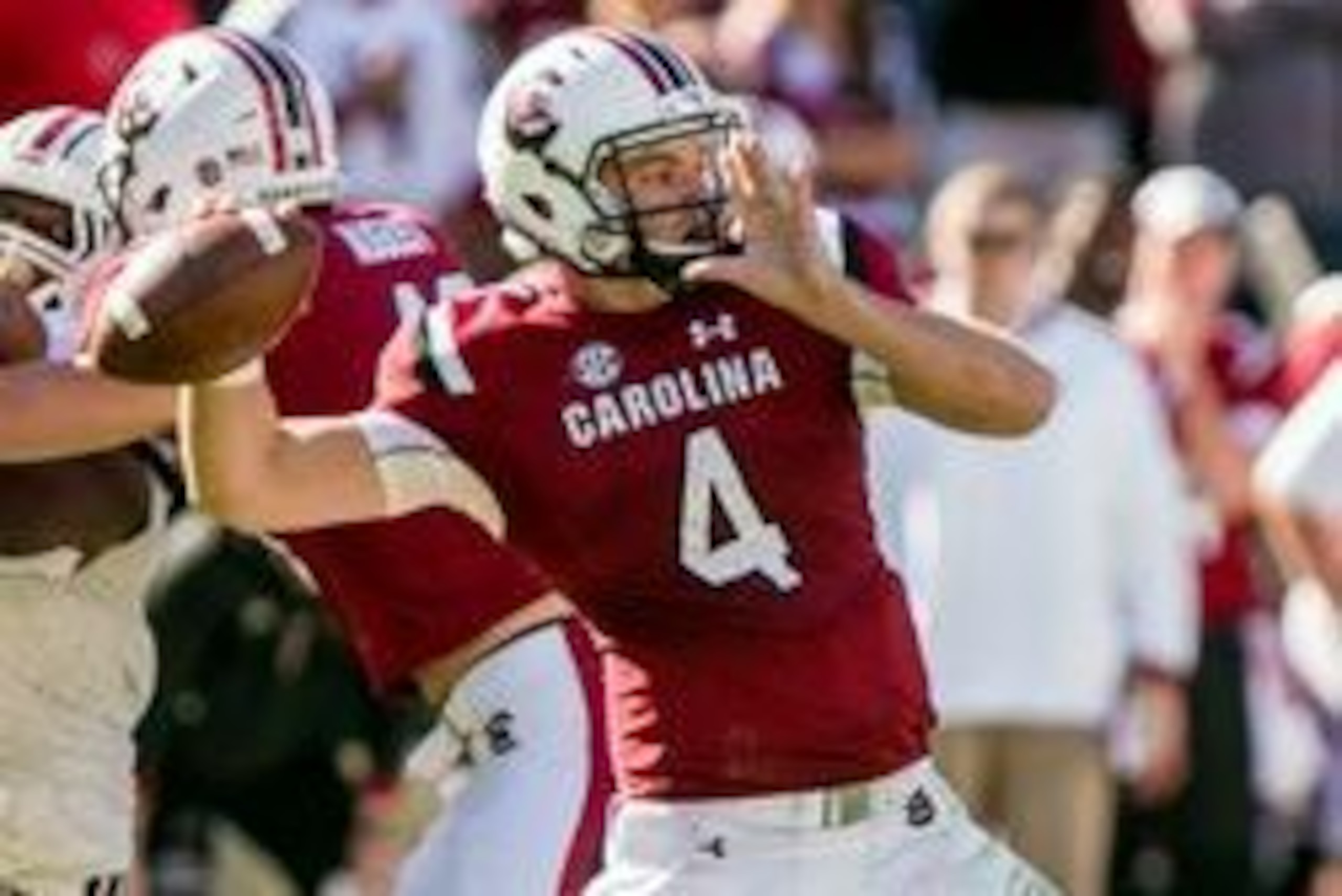 Oct 22, 2016; Columbia, SC, USA; South Carolina Gamecocks quarterback Jake Bentley (4) passes against the Massachusetts Minutemen in the second half at Williams-Brice Stadium. Mandatory Credit: Jeff Blake-USA TODAY Sports